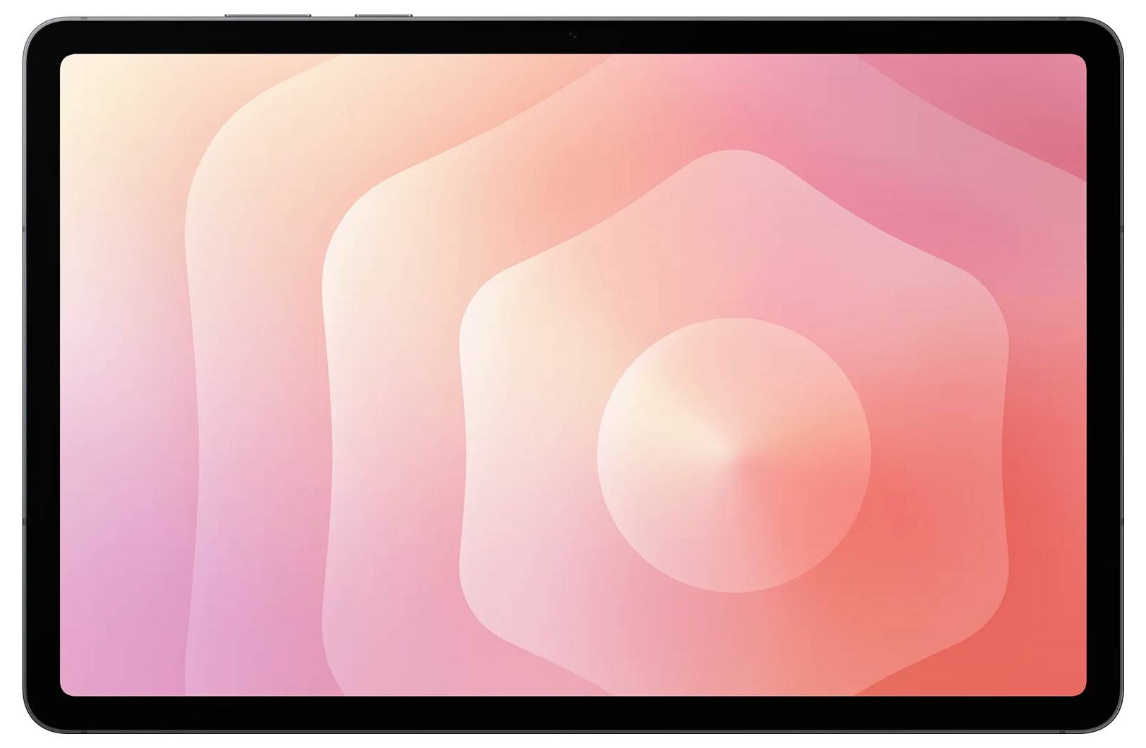 Tablet s obrazovkou zobrazující růžový a broskvový gradientní vzor soustředných, zvlněných tvarů vycházejících z centra.