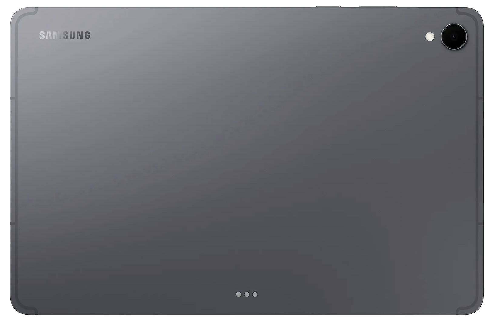 Zadní pohled na tablet Samsung v tmavé barvě, s jedním zadním fotoaparátem umístěným v horním pravém rohu.