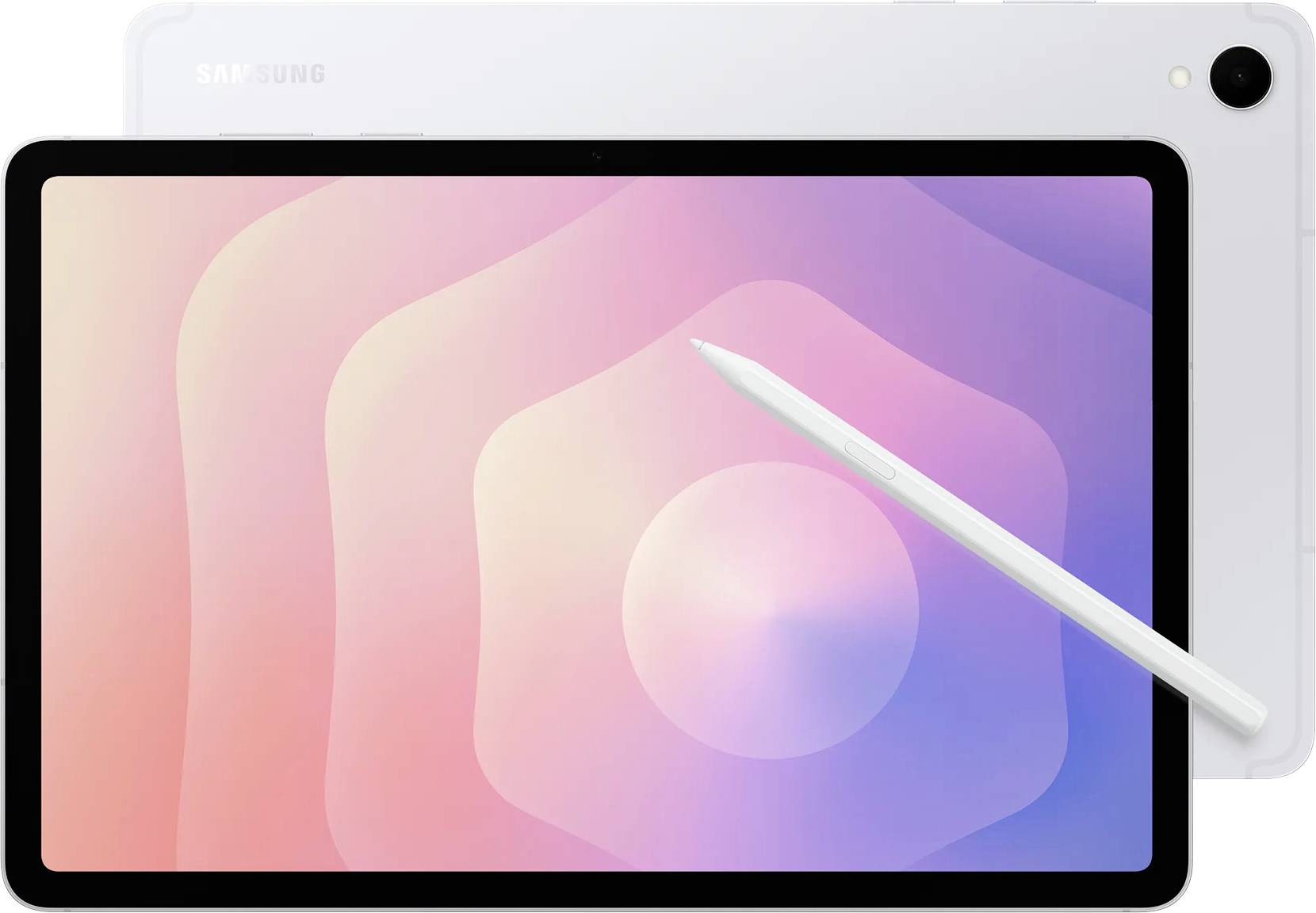 Tablet se stylusem umístěným vpředu, zobrazující pozadí s přechodem z růžové do fialové. Na zadní straně je viditelný firemní název 'Samsung'.