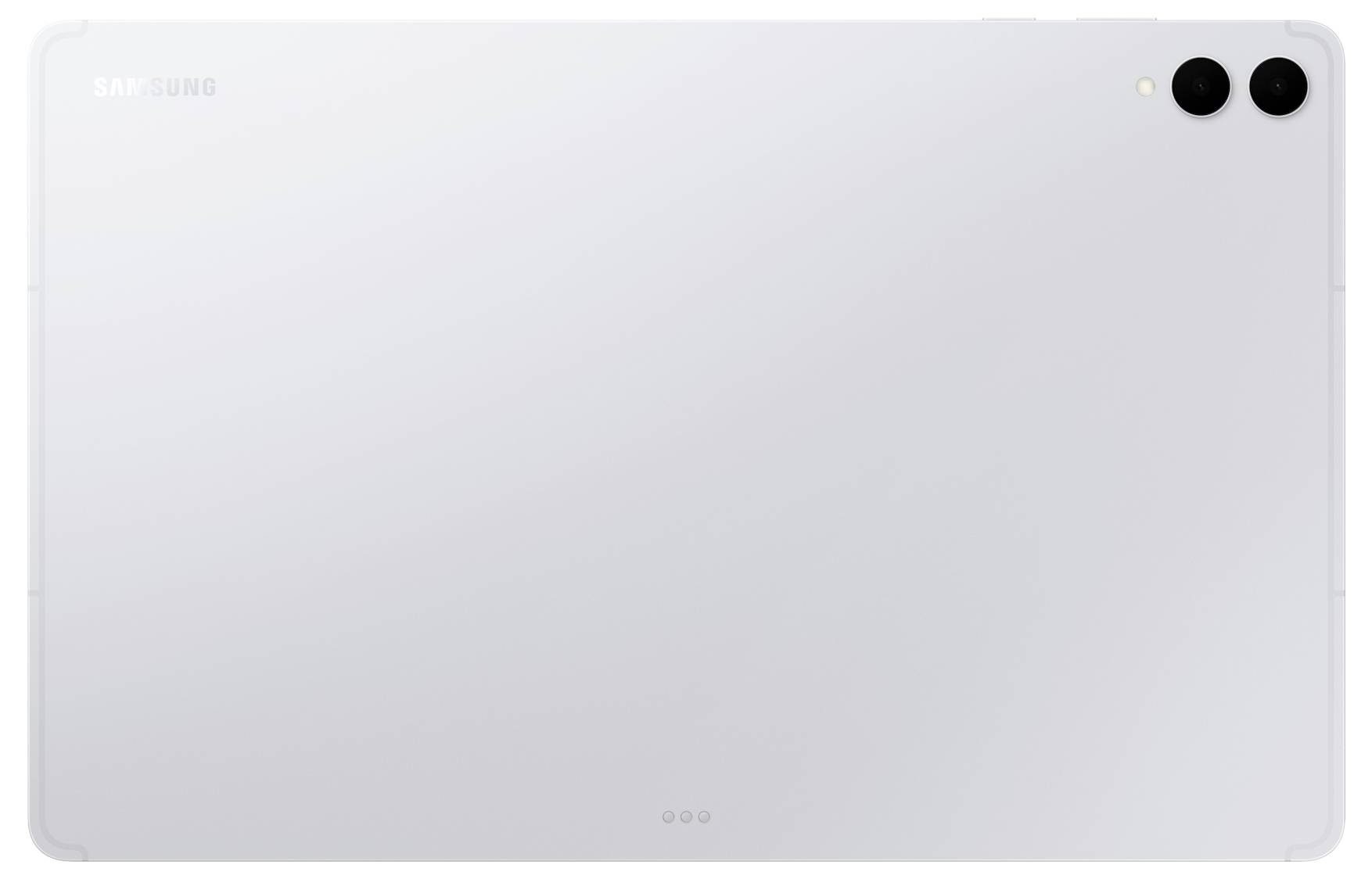 Zadní pohled na elegantní, bílý tablet se dvěma fotoaparáty v pravém horním rohu. Na povrchu není viditelné žádné logo ani jiné prvky.