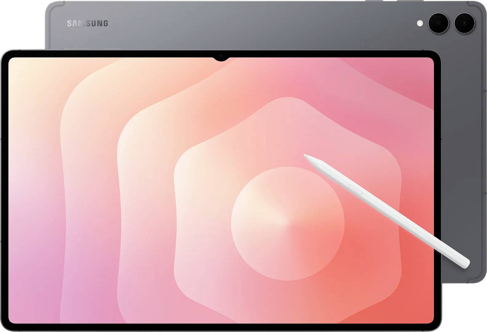 Elegantní tablet s perem odpočívajícím na displeji, který zobrazuje pestrobarevný přechod. Logo značky tabletu je umístěno v levém horním rohu.