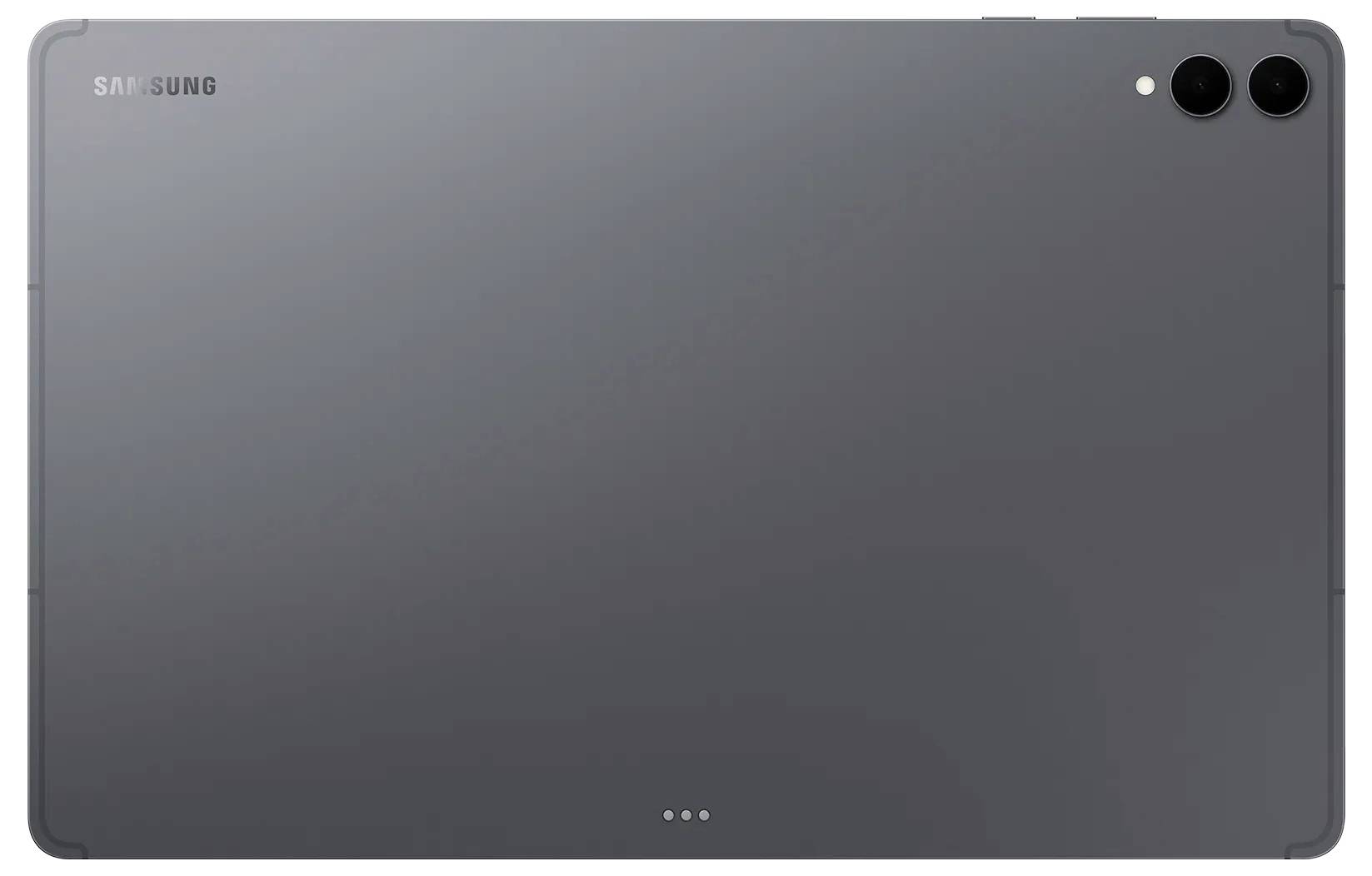 Štíhlý, tenký černý tablet zobrazující zadní stranu se dvěma zadními fotoaparáty, na kterém je logo značky umístěno v levém horním rohu.