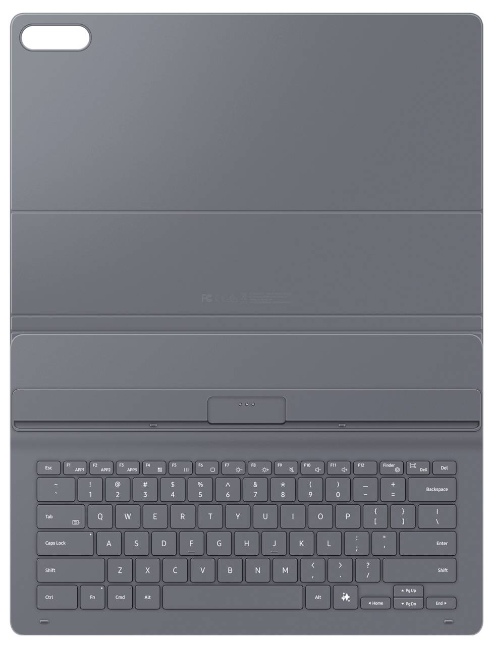 Šedý klávesnicový kryt rozložený, s kompletním rozložením qwerty klávesnice a touchpadem, navržený pro tablety. Nenápadný design bez viditelných značkových symbolů.
