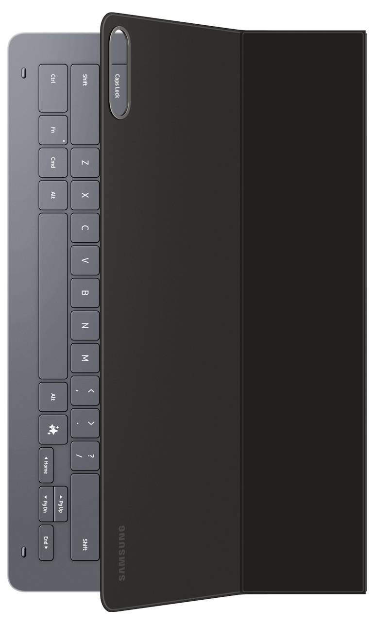 Černý klávesnicový kryt pro tablet Samsung, který zobrazuje rozvržení kláves a ochranný obal. Kryt je částečně otevřený a odhaluje klávesnici.