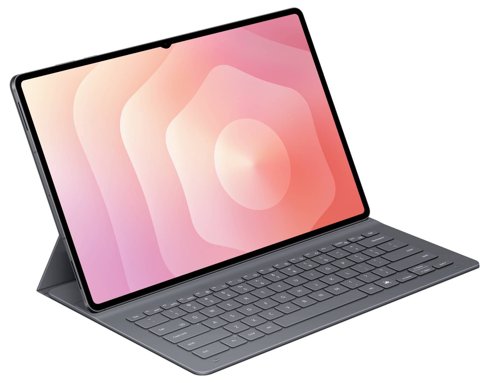 Elegantní tablet s odnímatelnou klávesnicí, zobrazující barevnou abstraktní obrazovku s odstíny červené, růžové a oranžové.