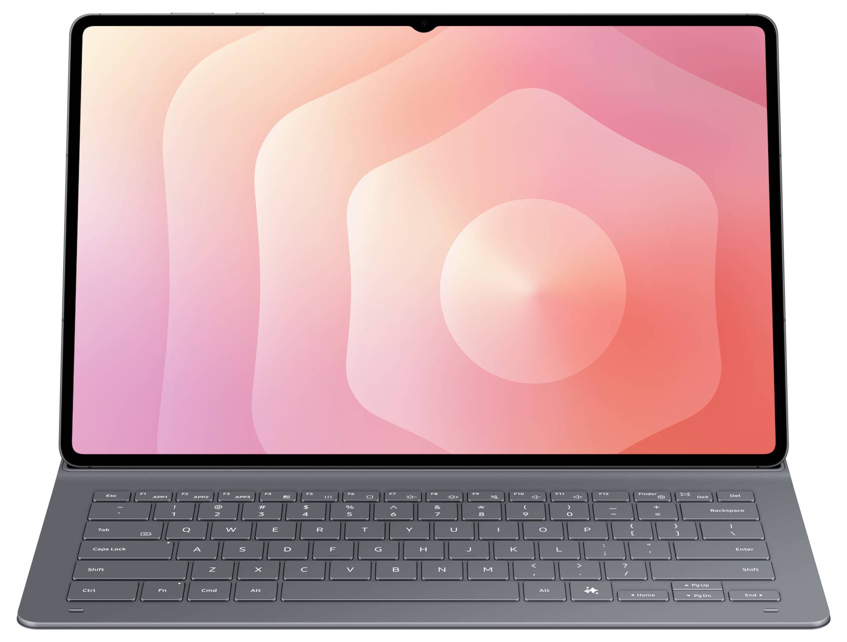 Elegantní tablet s odnímatelnou klávesnicí, na jehož obrazovce je zobrazen geometrický přechod v růžové a oranžové barvě.