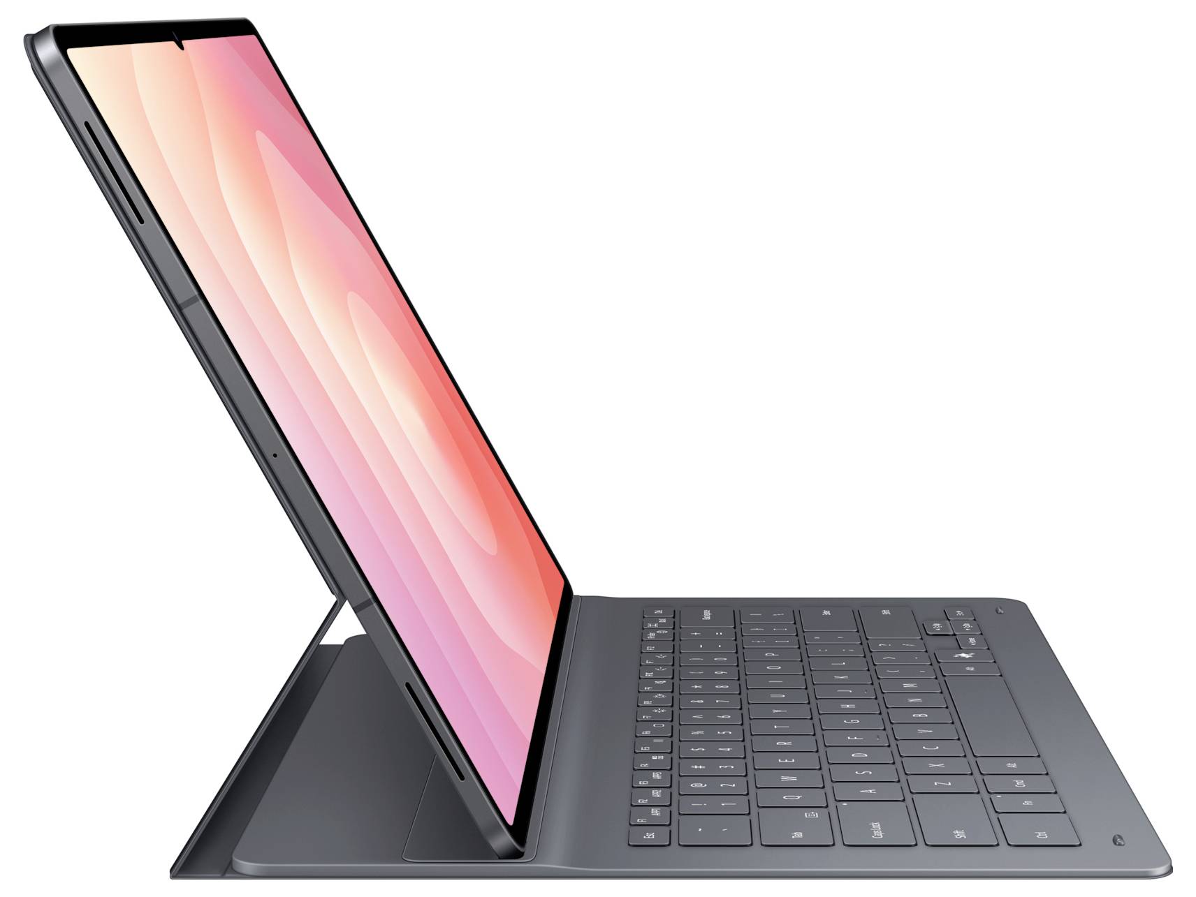 Boční pohled na elegantní tablet s odnímatelnou klávesnicí, který ukazuje zářivý displej, vhodný jak pro práci, tak pro volnočasové aktivity.
