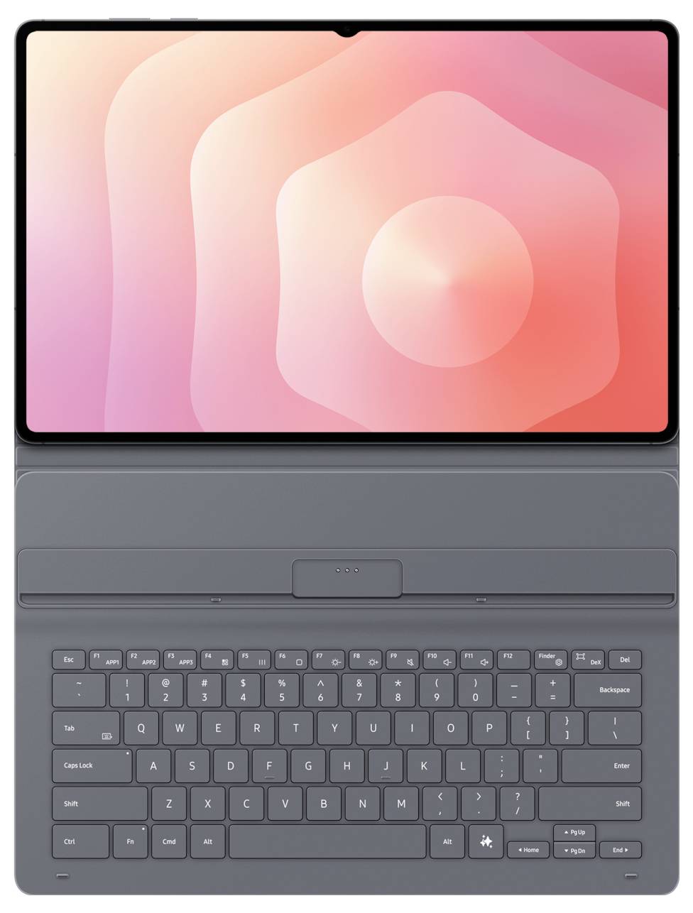 Tablet s pouzdrem a klávesnicí. Na obrazovce je zobrazen růžovo-oranžový abstraktní vzor. Klávesnice má rozložení QWERTY.