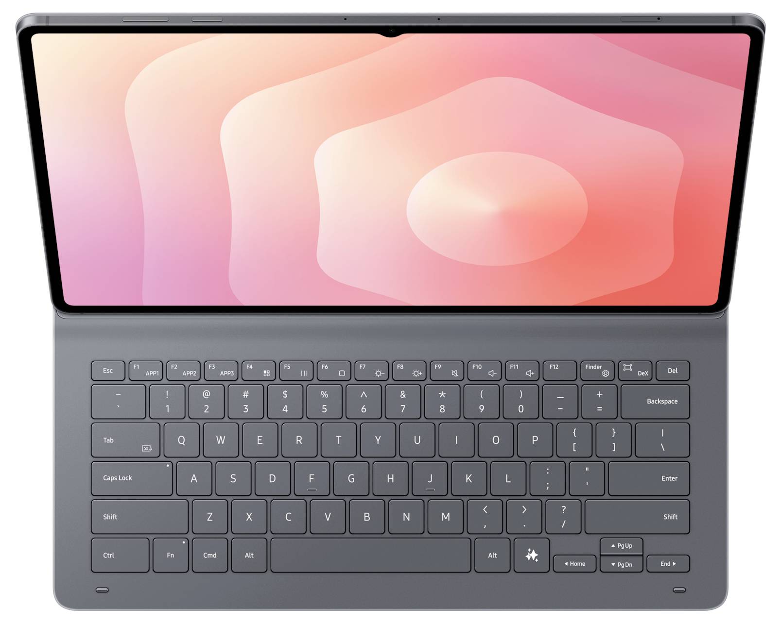 Štíhlý, moderní notebook s velkým displejem zobrazujícím růžový gradient. Klávesnice je viditelná, s klasickým rozložením QWERTY.