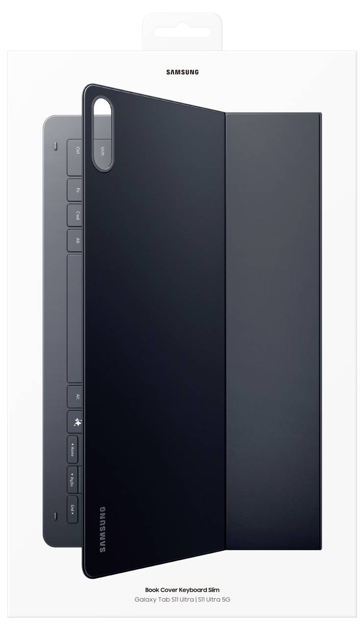Samsung Galaxy Tab S9 Ultra 5G Book Cover Keyboard Slim obal s částečně otevřeným pouzdrem odhalující klávesnici uvnitř.
