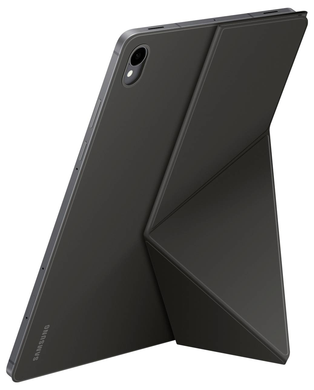 Elegantní šedý tablet s výklopným stojanem odhalující zadní kameru, úhlově umístěný pro zvýraznění ergonomického designu a funkčnosti.