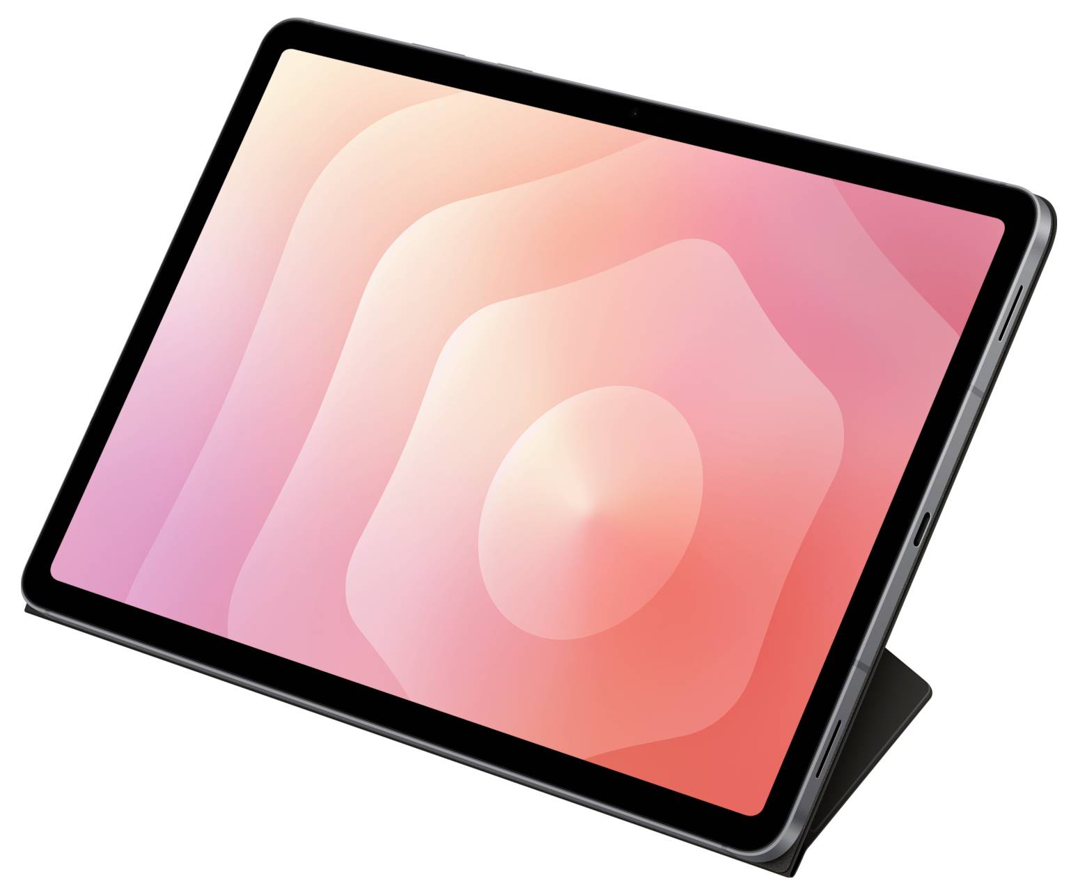 Tablet s abstraktním designem v růžové a oranžové barvě na obrazovce, umístěný na stojánku a zachycený z úhleného pohledu.