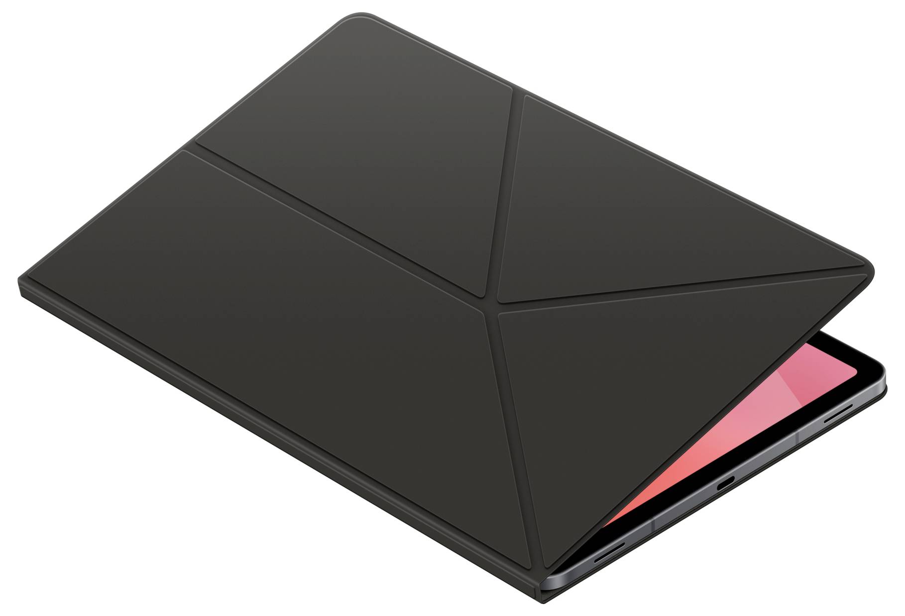 Černý tablet s částečně otevřeným sklopným krytem, zobrazující červenou obrazovku, umístěný pod úhlem.