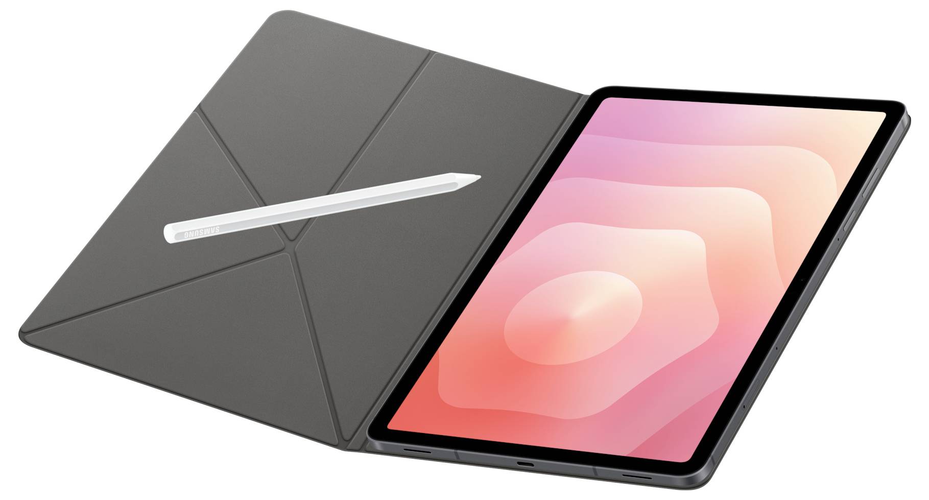 Tablet se stylusem na skládacím obalu. Tablet zobrazuje abstraktní design v růžové a oranžové barvě.