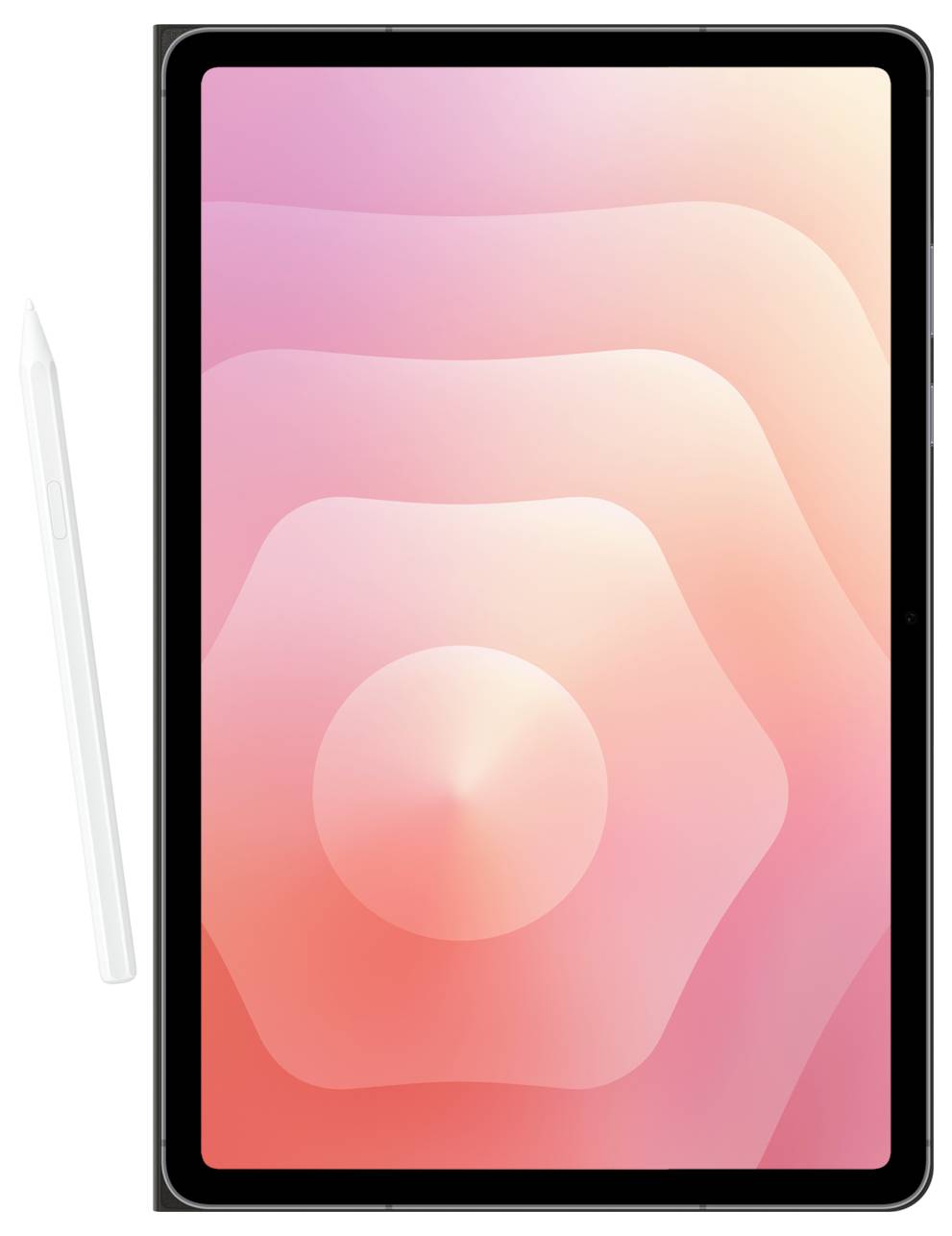 Elegantní tablet s bílým stylusem vlevo, který zobrazuje růžový abstraktní design na své obrazovce.