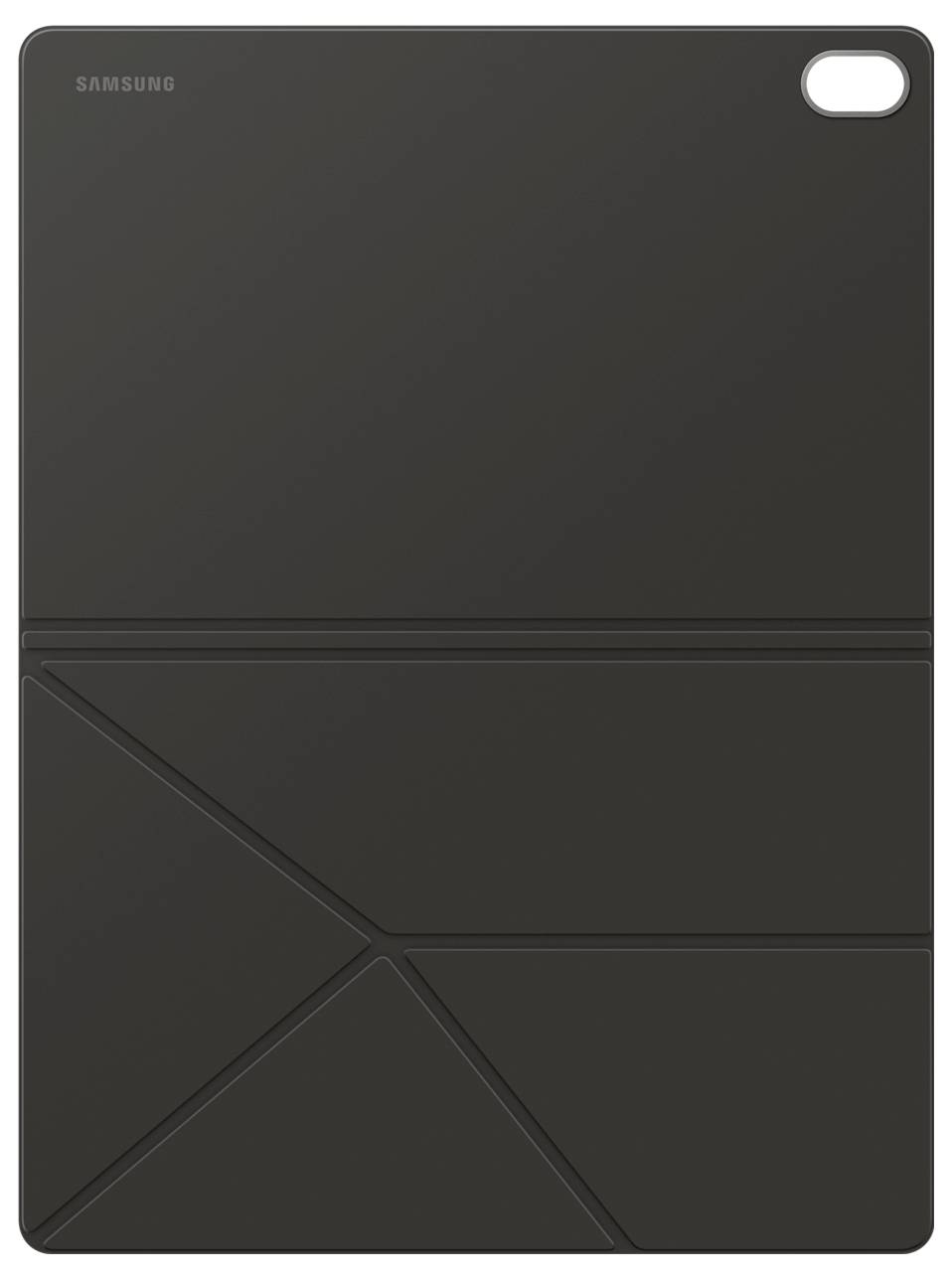 Černý obal na tablet Samsung s geometrickým designem a výřezem pro fotoaparát v pravém horním rohu.