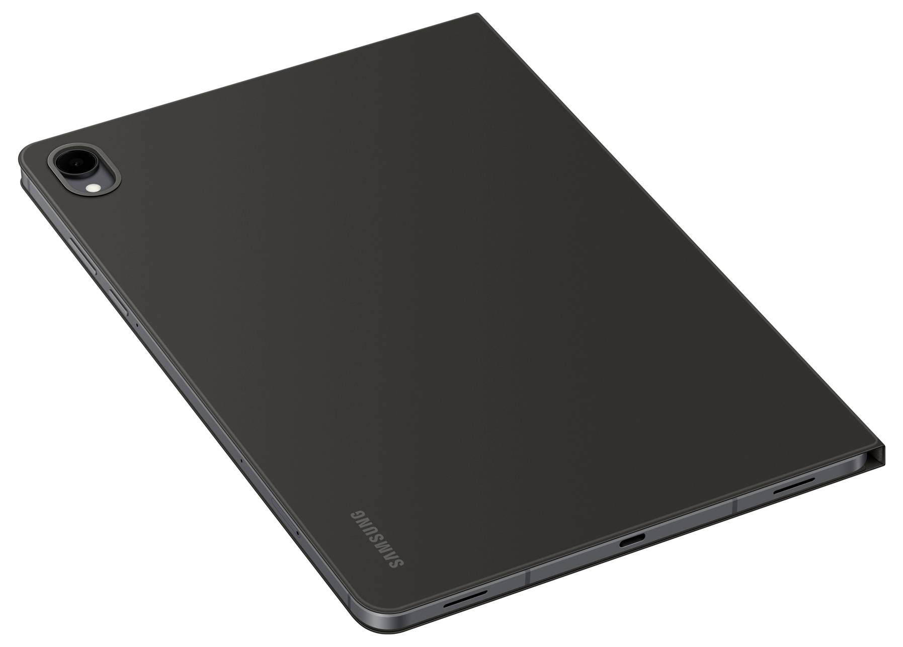 Štíhlý, tenký tablet pohledem zezadu, s tmavým povrchem a fotoaparátem v rohu.
