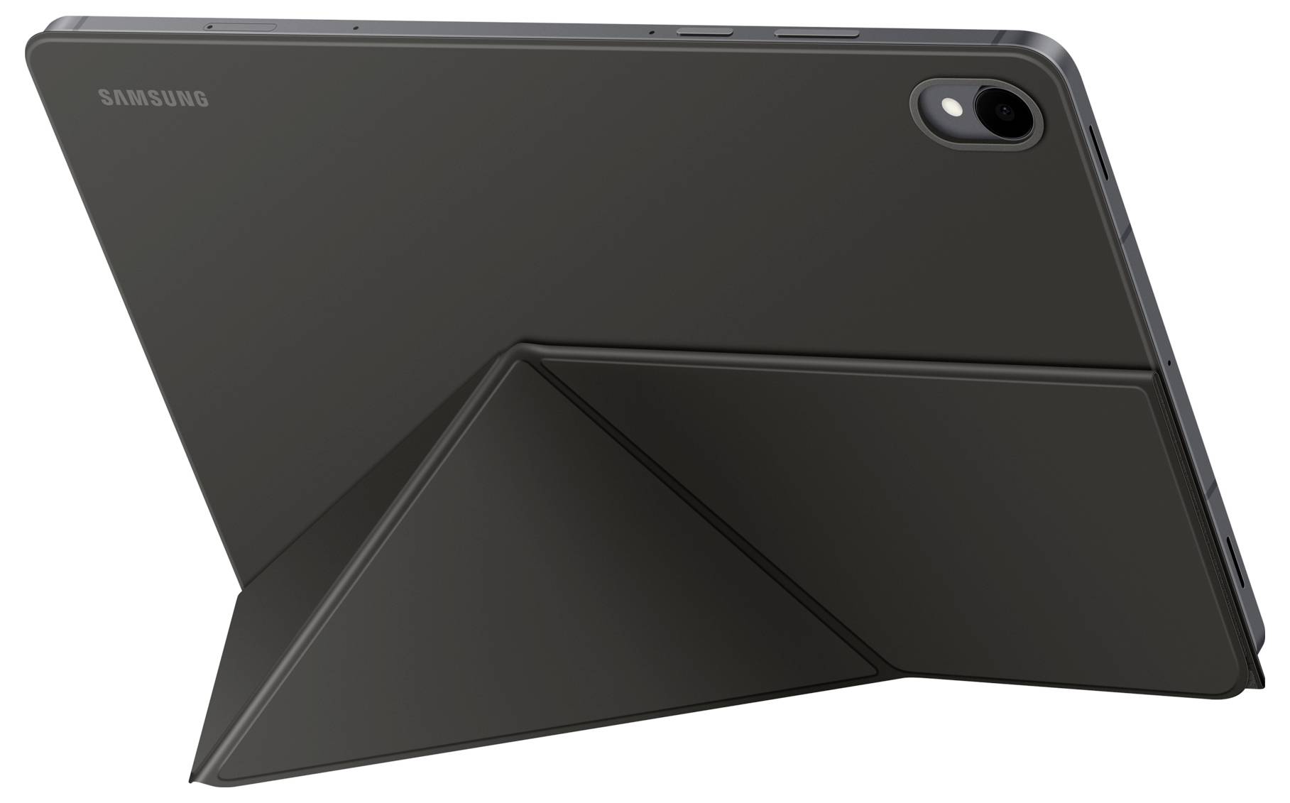 Černý tablet v ochranném pouzdře s sklopným stojánkem, umístěný v horizontální orientaci na plochém povrchu.
