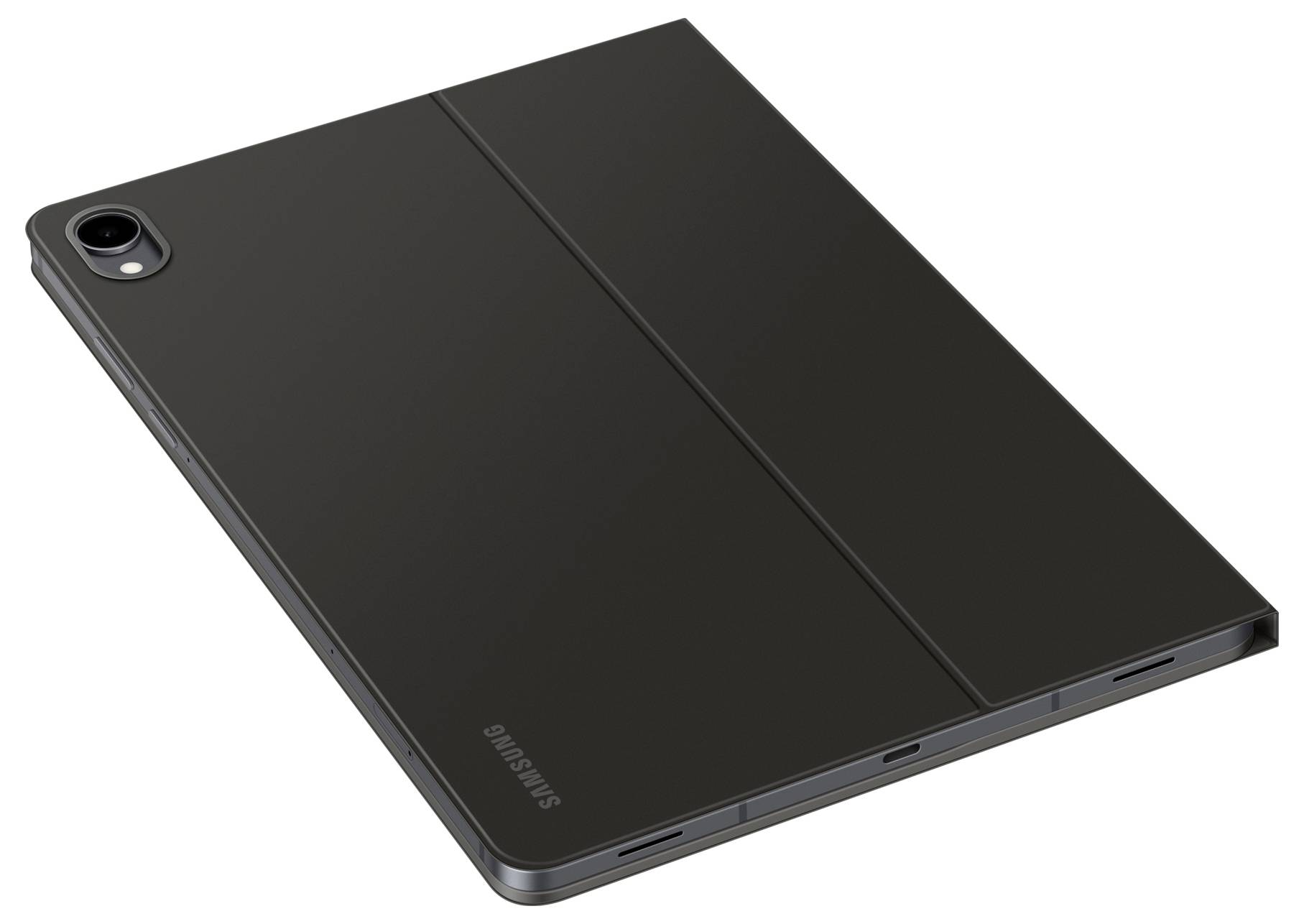 Černý obal na tablet Samsung, částečně otevřený, na bílém pozadí, který ukazuje výřez pro fotoaparát a elegantní design.