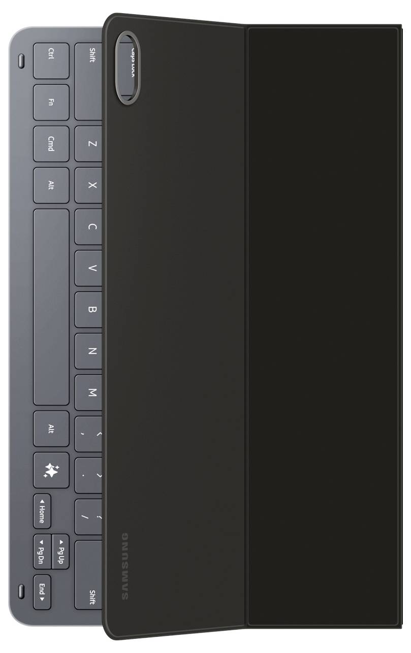 Klávesnice k tabletu Samsung s podsvícením, štíhlý design a magnetický kryt částečně zavřený, odhalující několik kláves, v šedé a černé barvě.