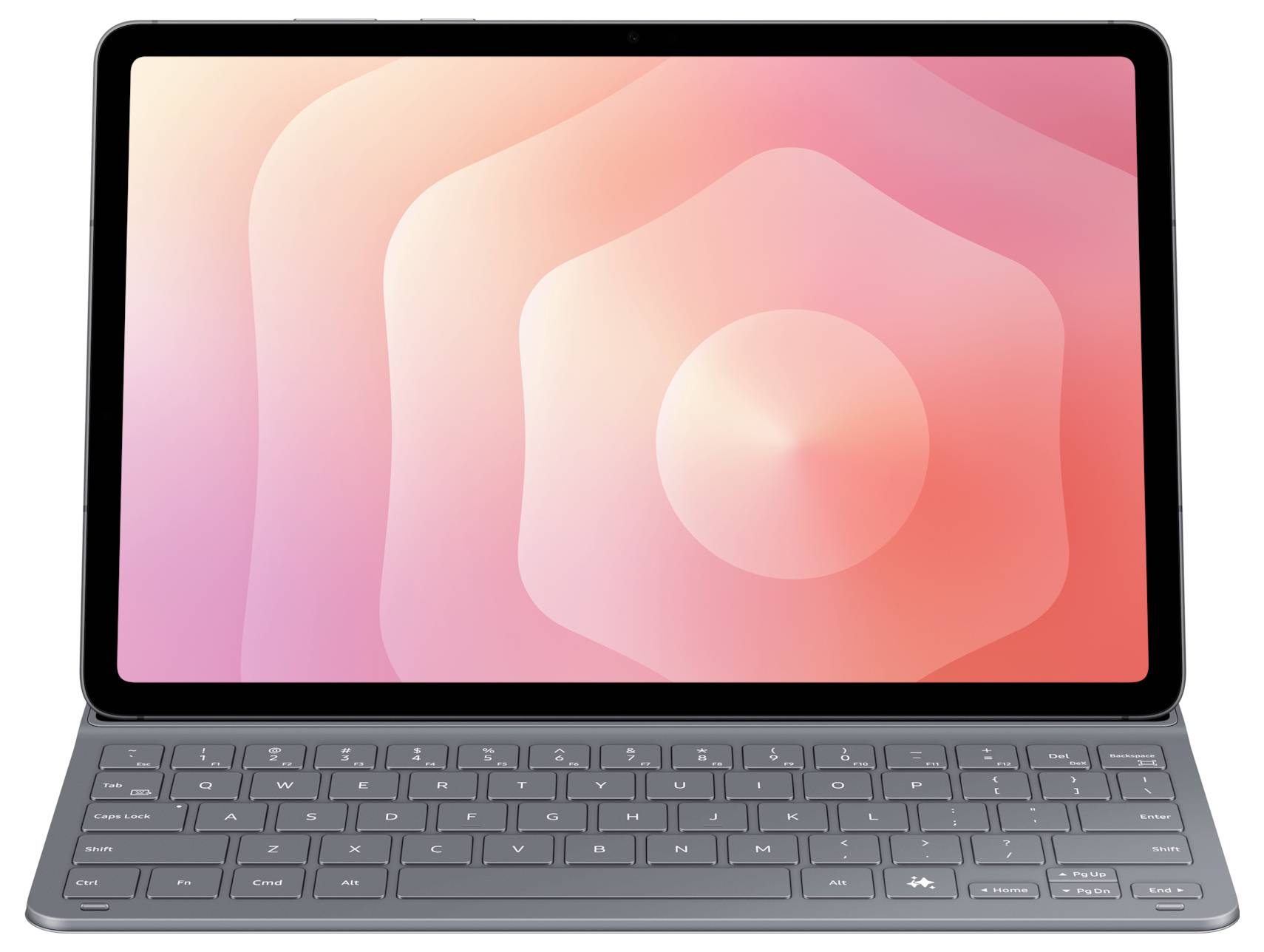 Tablet s připojenou klávesnicí zobrazuje na své obrazovce barevný abstraktní vzor soustředných tvarů v odstínech růžové a oranžové.