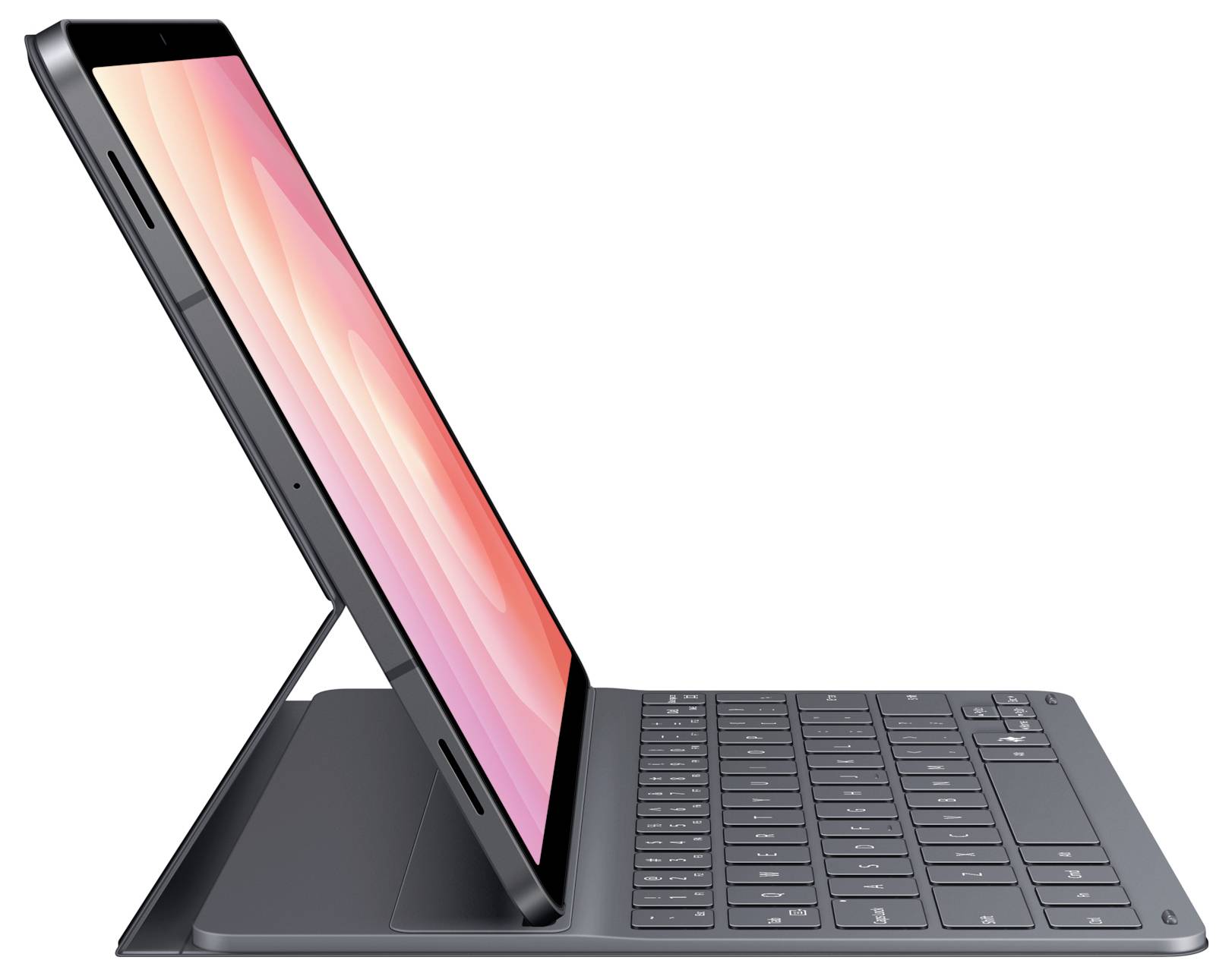 Tablet s růžovým displejem je připojen k odpojitelnému klávesnici a je postaven v poloze notebooku, což zdůrazňuje jeho všestrannost a přenositelnost.