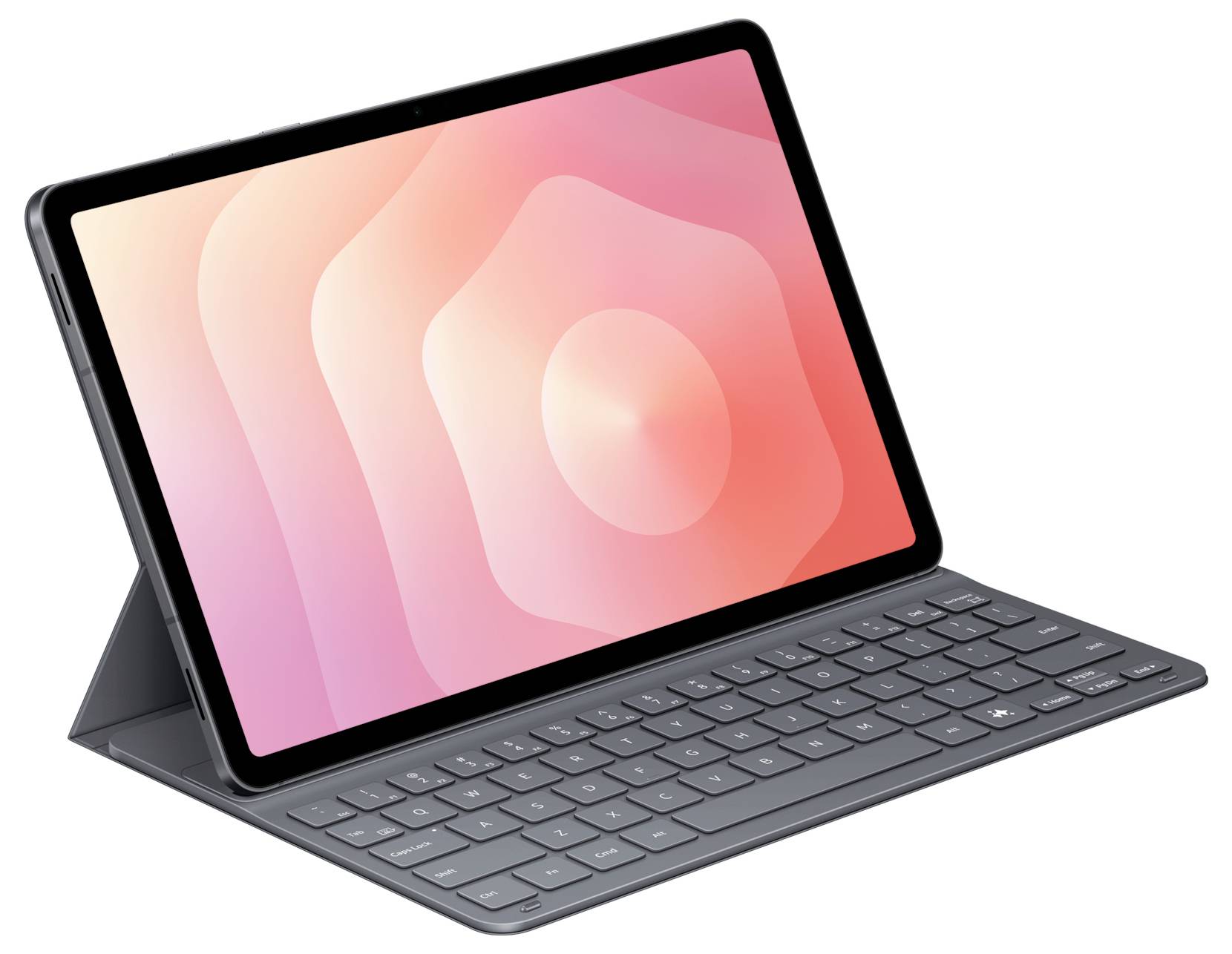 Tablet s odpojitelnou klávesnicí je zobrazen a má displej v gradientním růžovém provedení. Tablet je umístěn na šedém stojanu.