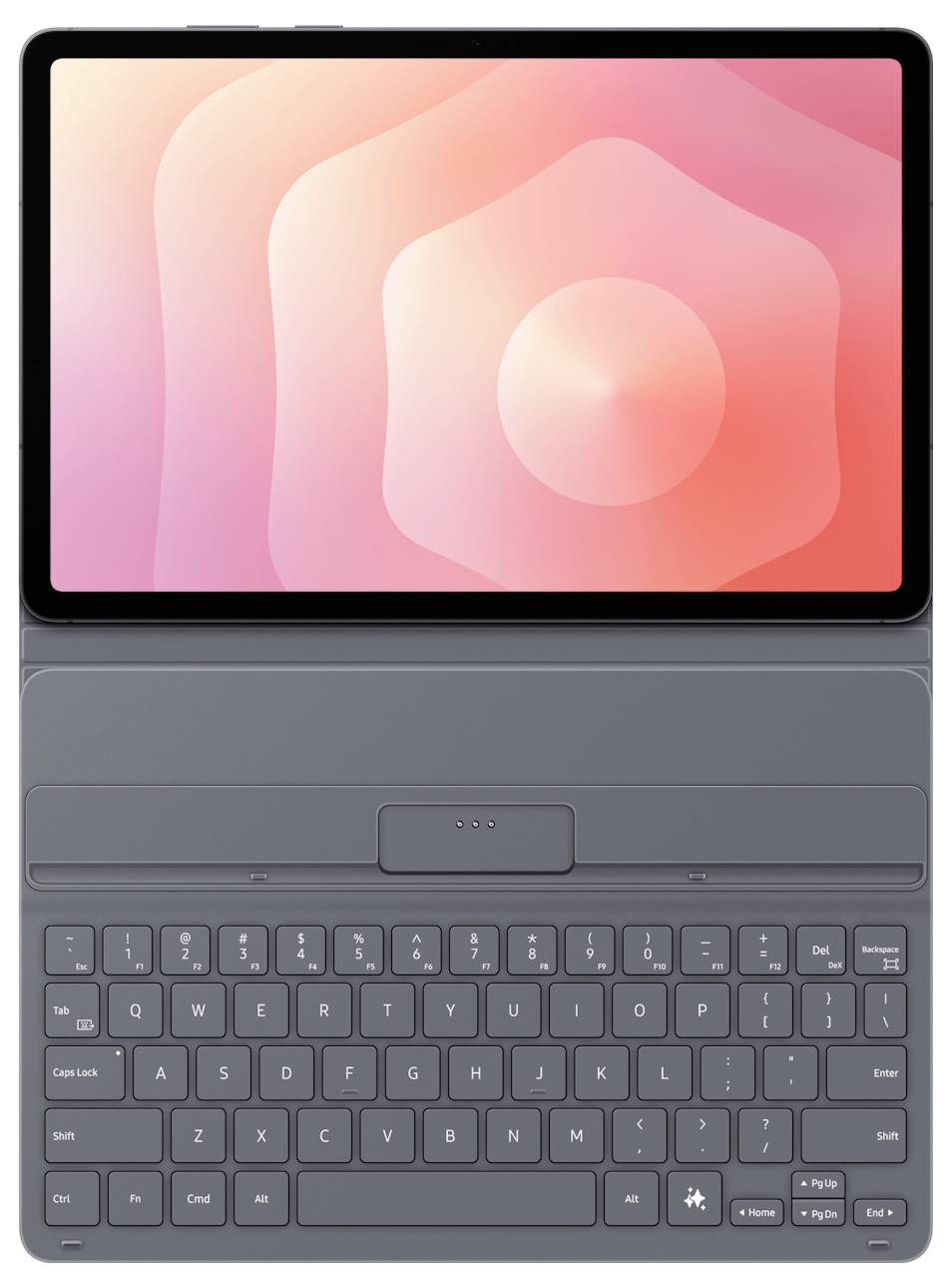 Tablet s obrazovkou v růžovém přechodu je připojen k šedé klávesnici.