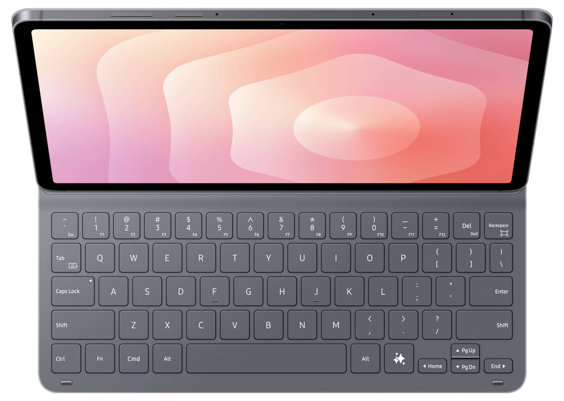 Tablet s odnímatelnou klávesnicí, zobrazující růžový gradient na obrazovce.