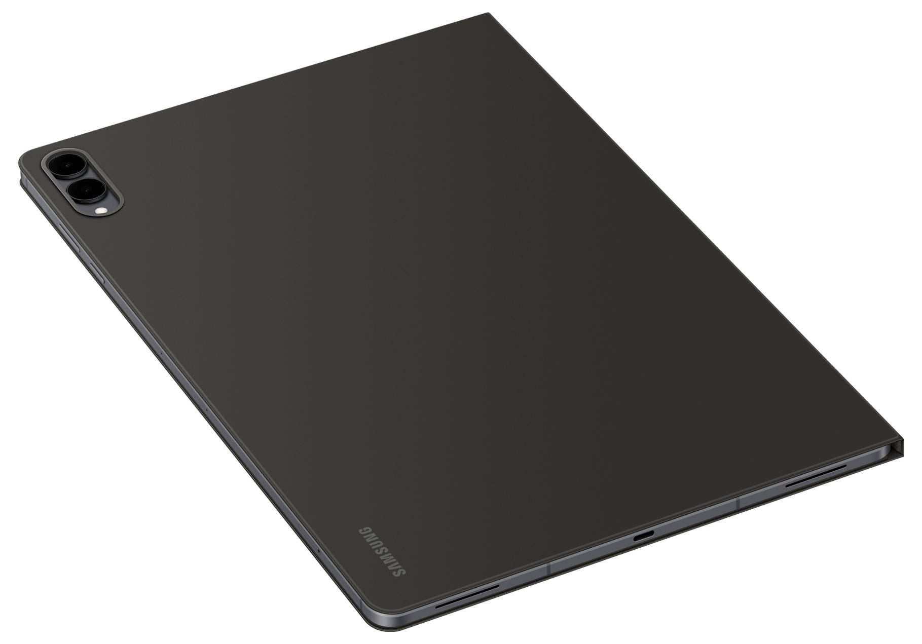Elegantní černý tablet se dvěma fotoaparáty na zadní straně, zachycený z úhlu. Logo Samsung je viditelné poblíž levého dolního rohu.