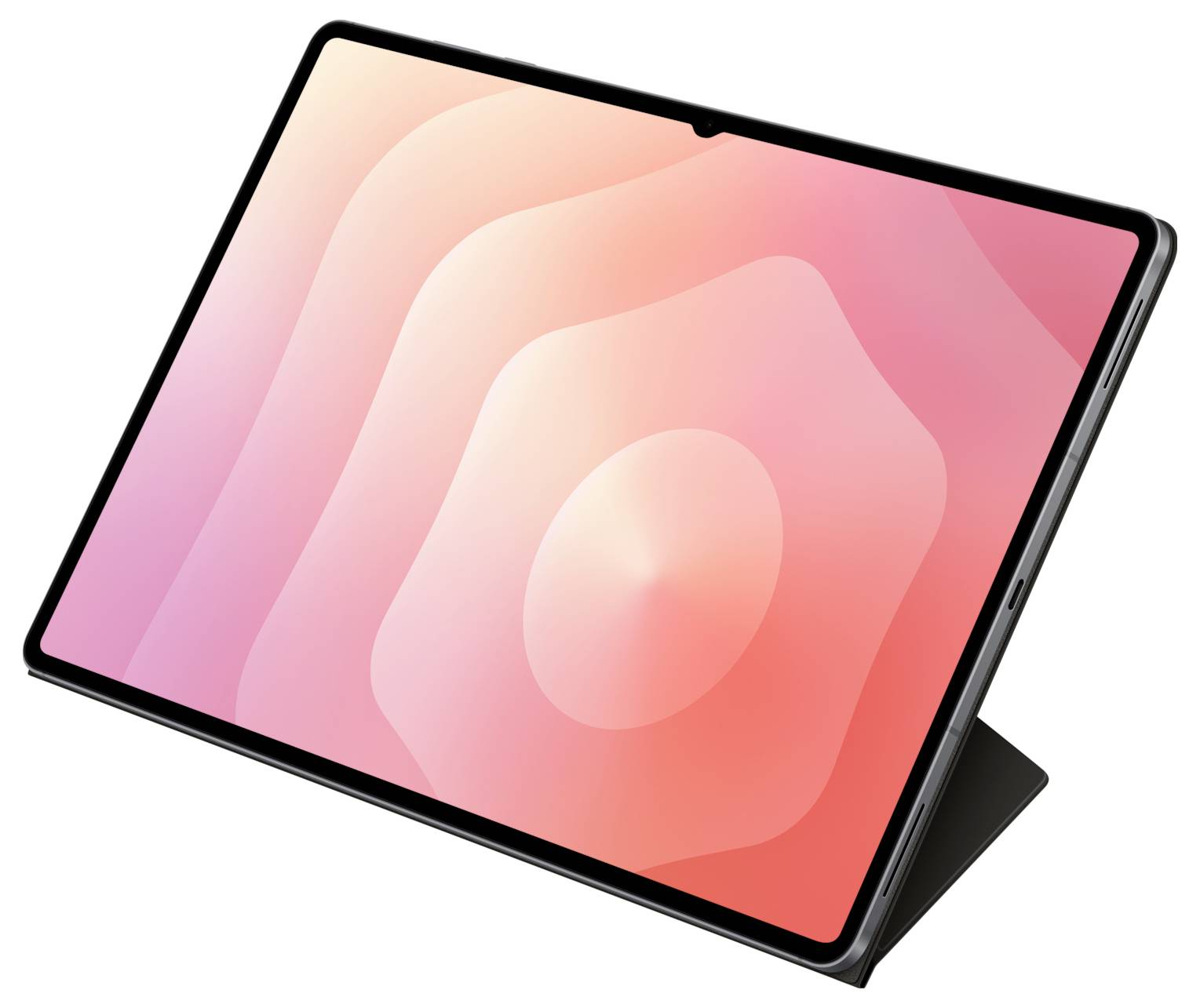 Tablet s velkým displejem zobrazující růžové a oranžové abstraktní tvary.