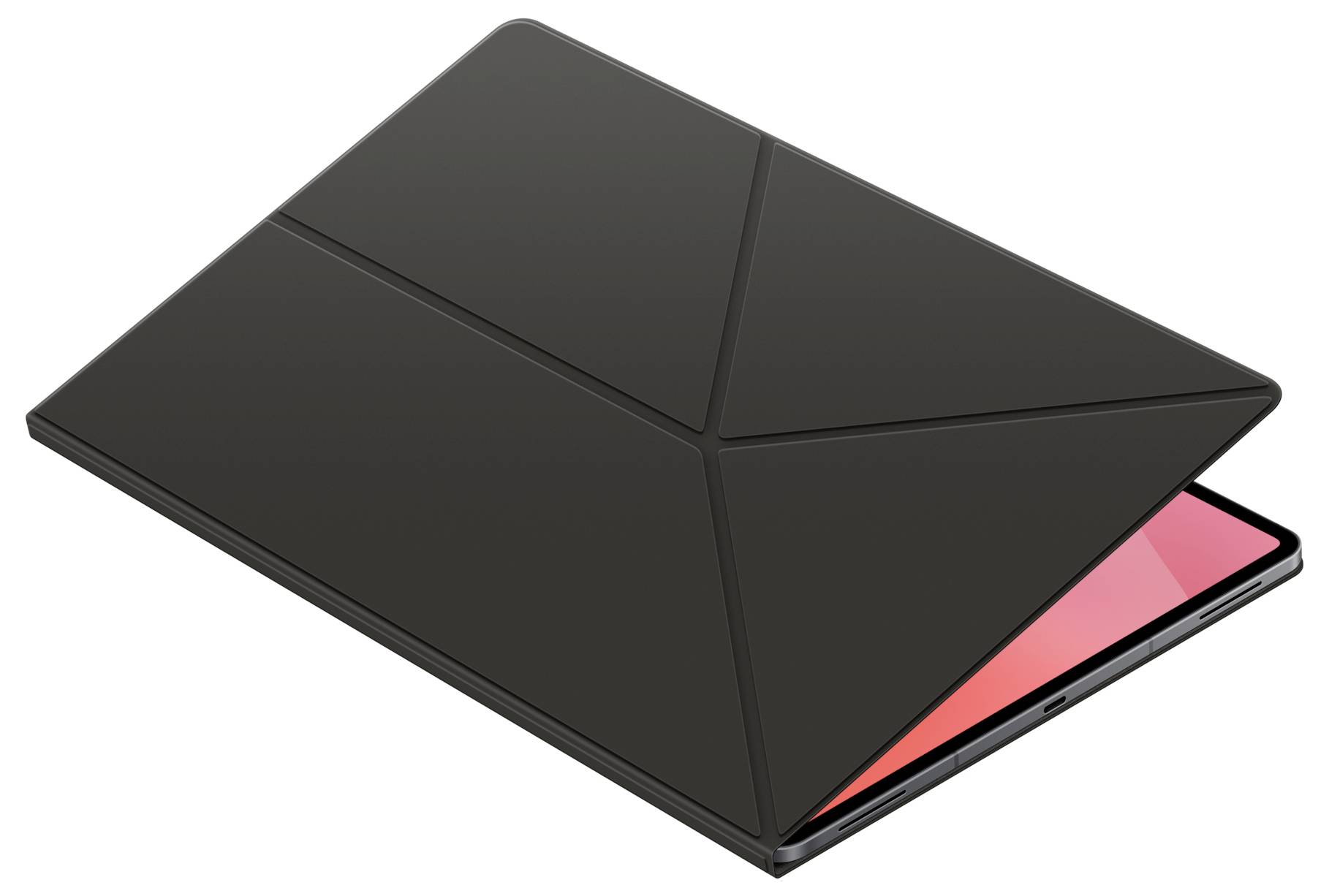 Tablet s růžovou obrazovkou je částečně zakrytý černým, trojúhelníkově vzorovaným skládacím obalem, což naznačuje ochranu a styl.
