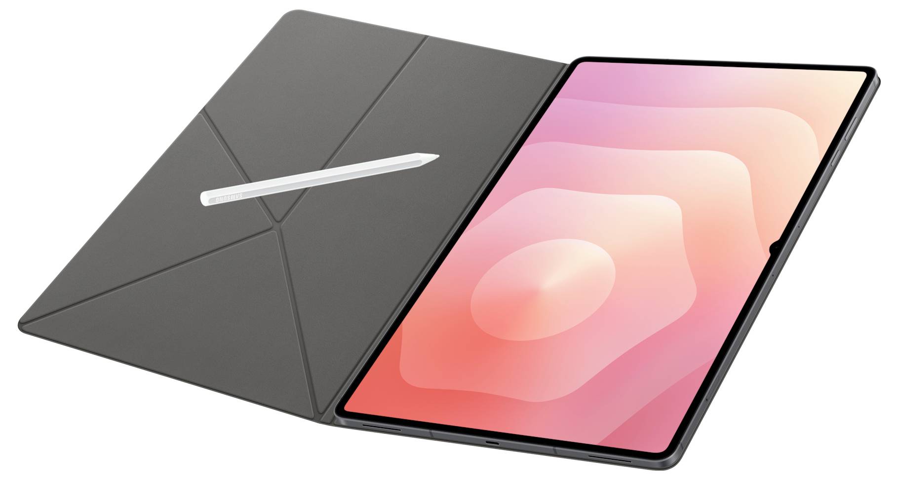 Elegantní tablet s perem na šedém obalu. Na obrazovce je zobrazován růžový přechodový vzor.