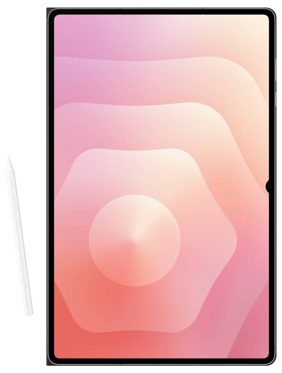 Tablet s lehce růžovým abstraktním spirálovitým designem na obrazovce, doprovázený bílým stylusem položeným vedle něj.