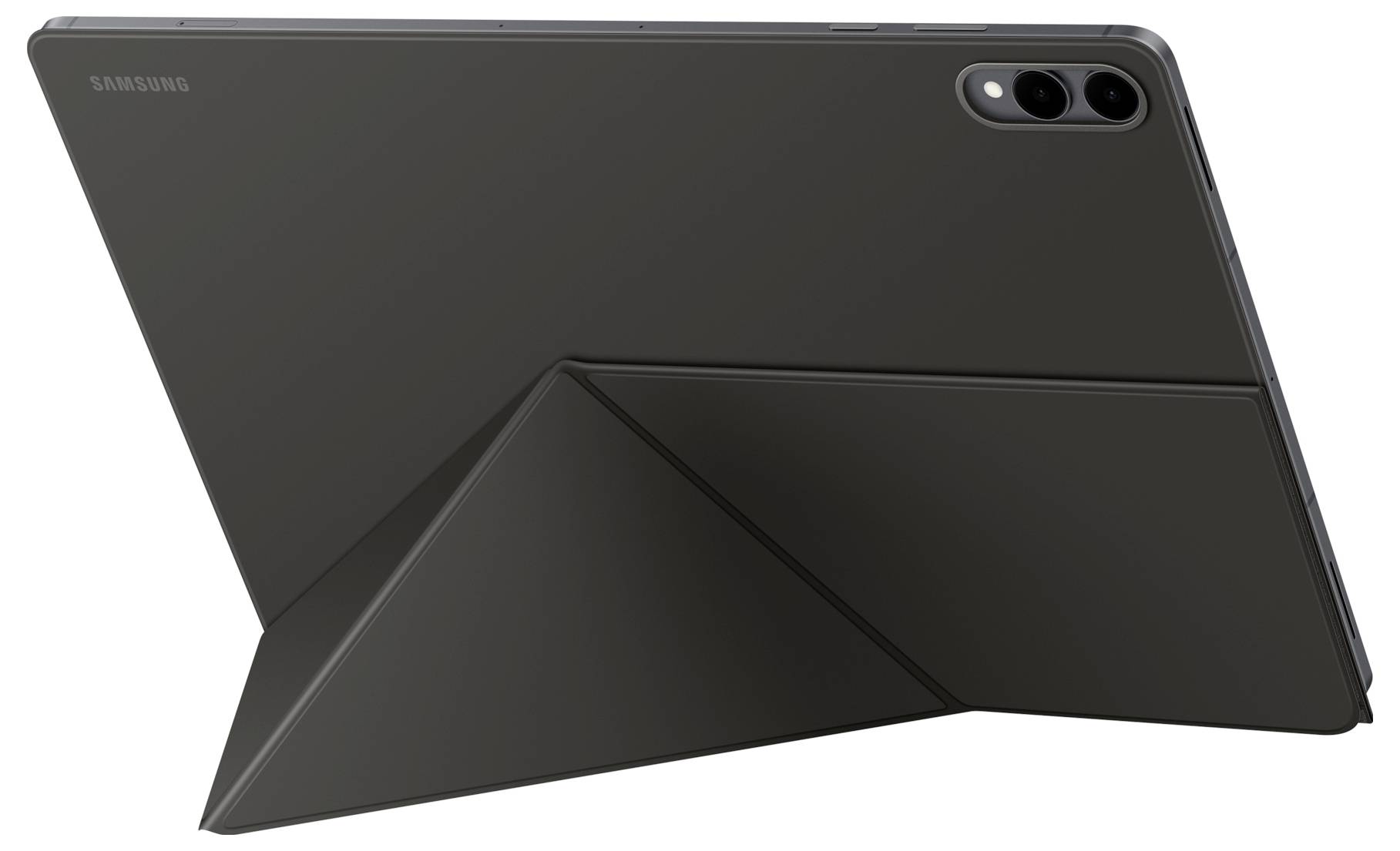 Tmavě šedý tablet se dvěma zadními kamerami je zobrazen s překládaným pouzdrem, které připomíná stojan pro horizontální orientaci.