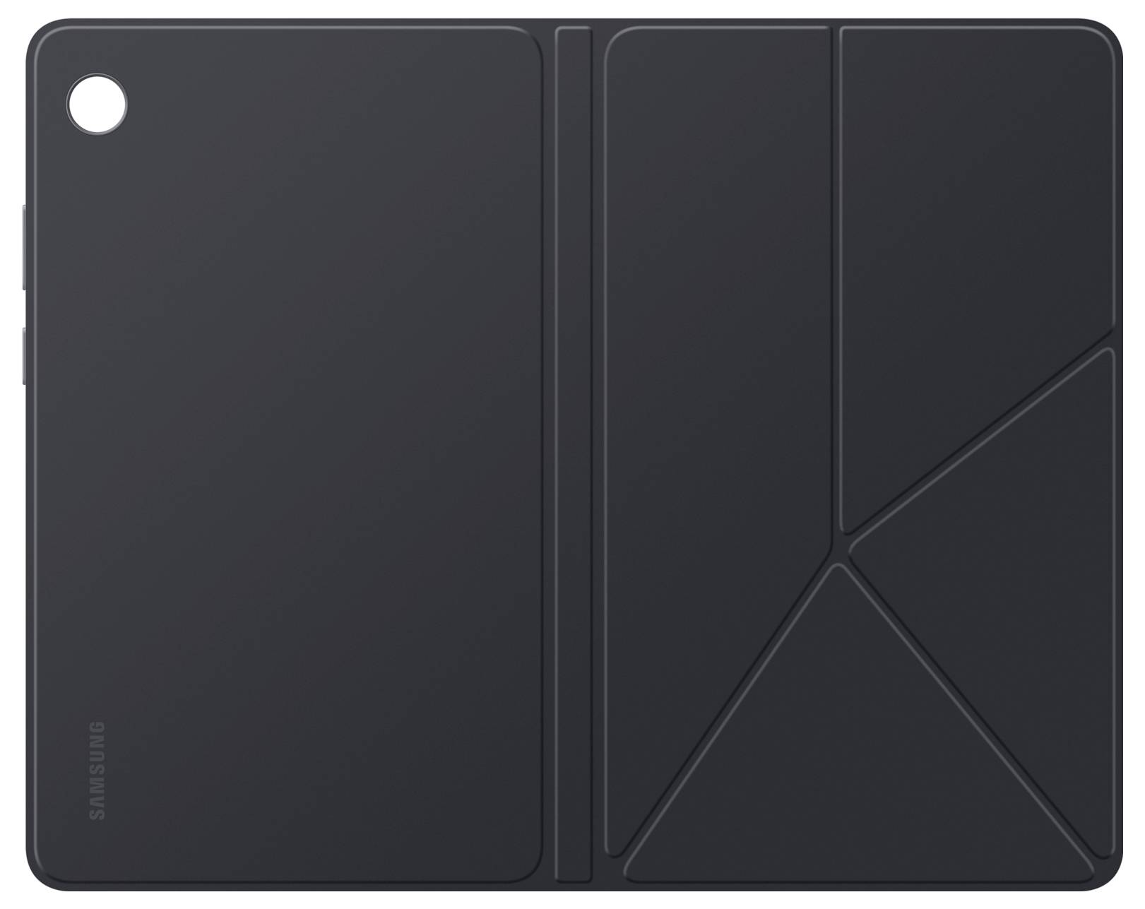 Černý obal na tablet Samsung složený do stojánku, s geometrickými vzory na obalu.