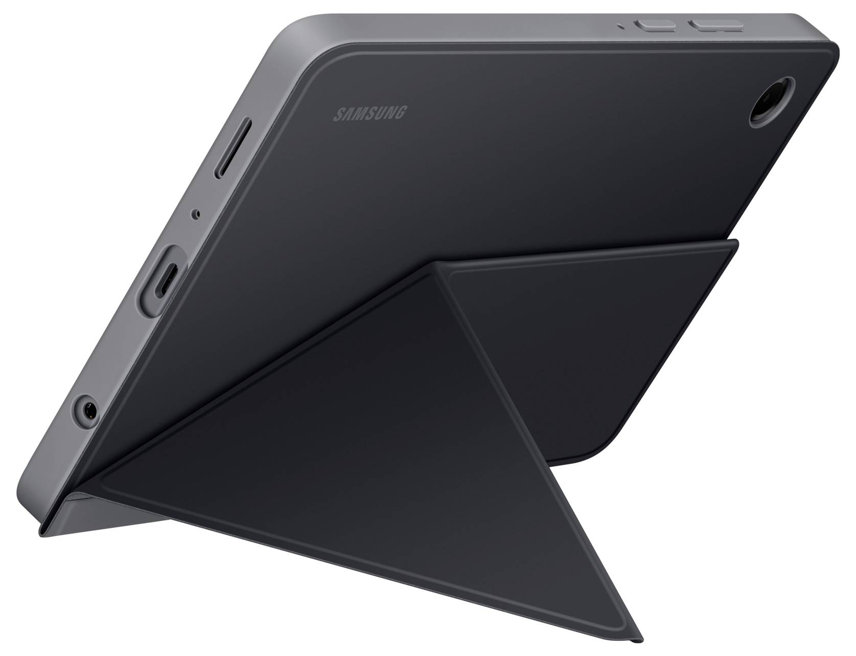 Tablet v černém pouzdře je postaven pomocí sklopného stojánku, který je zobrazen z úhlu ukazujícího jeho trojúhelníkovitý tvar a nabíjecí port.