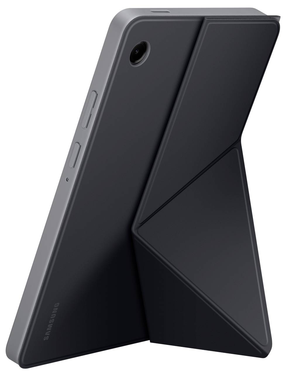 Tablet se stojí vzpřímeně na povrchu, je vybaven trojúhelníkovým ochranným krytem složeným do překládané podoby, přičemž vyniká svým štíhlým designem a umístěním fotoaparátu.