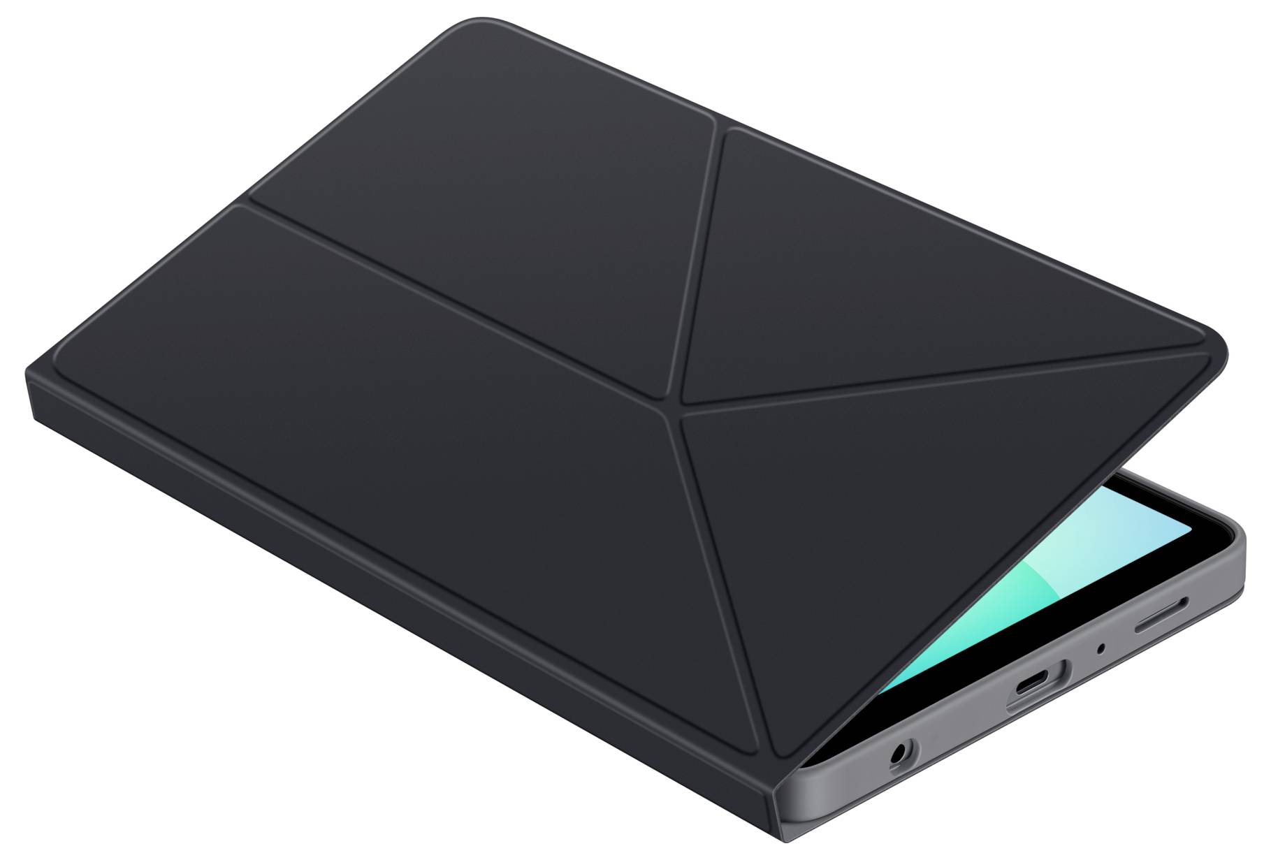 Černý obal na tablet, který je částečně otevřený, odhaluje obrazovku tabletu v tyrkysové barvě. Obal má geometrické švové linie.