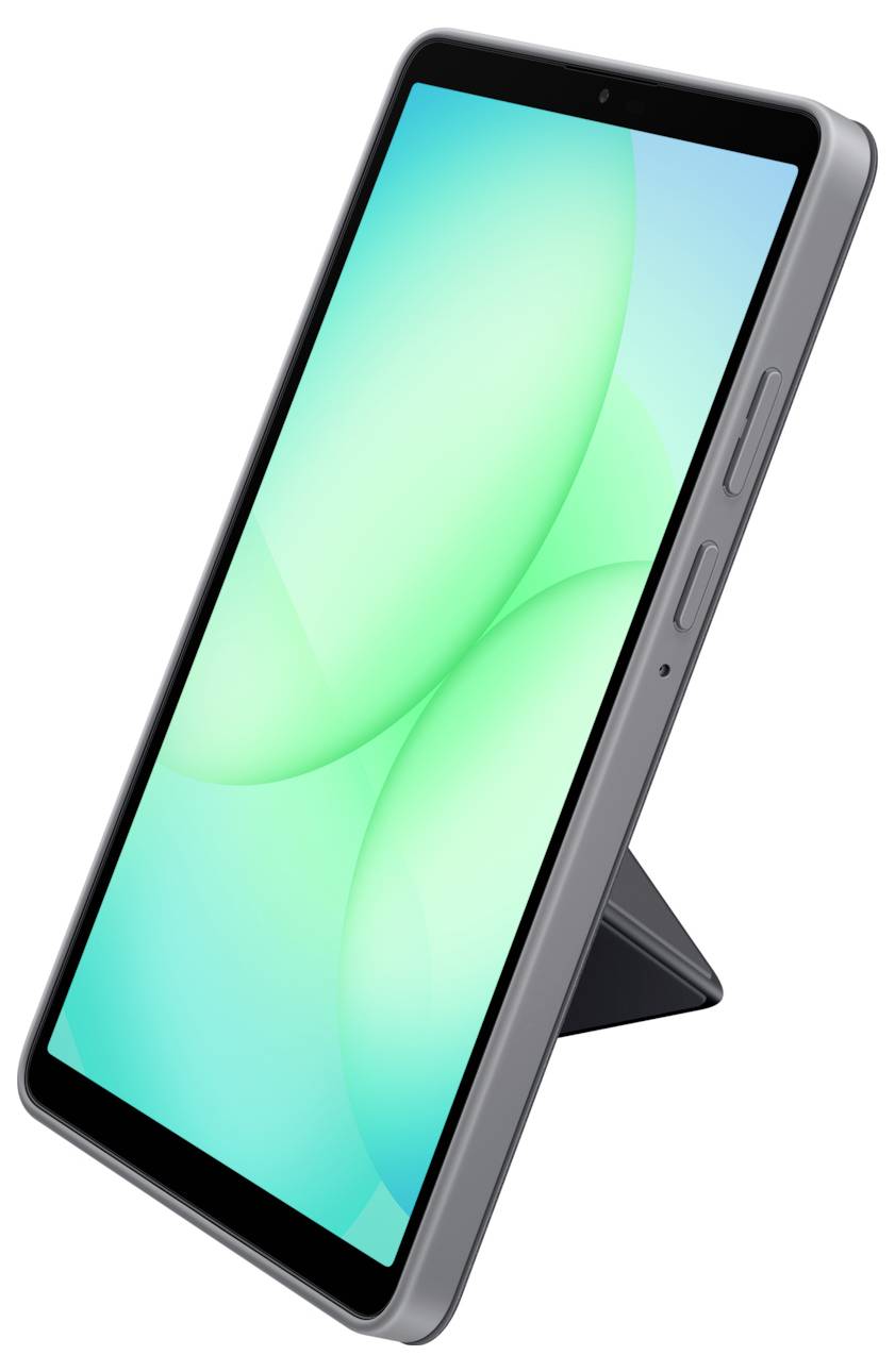 Tablet stojící na trojúhelníkovém stojánku, zobrazující jasnou modrozelenkavou abstraktní tapetu. Obrazovka je mírně nakloněna dozadu.