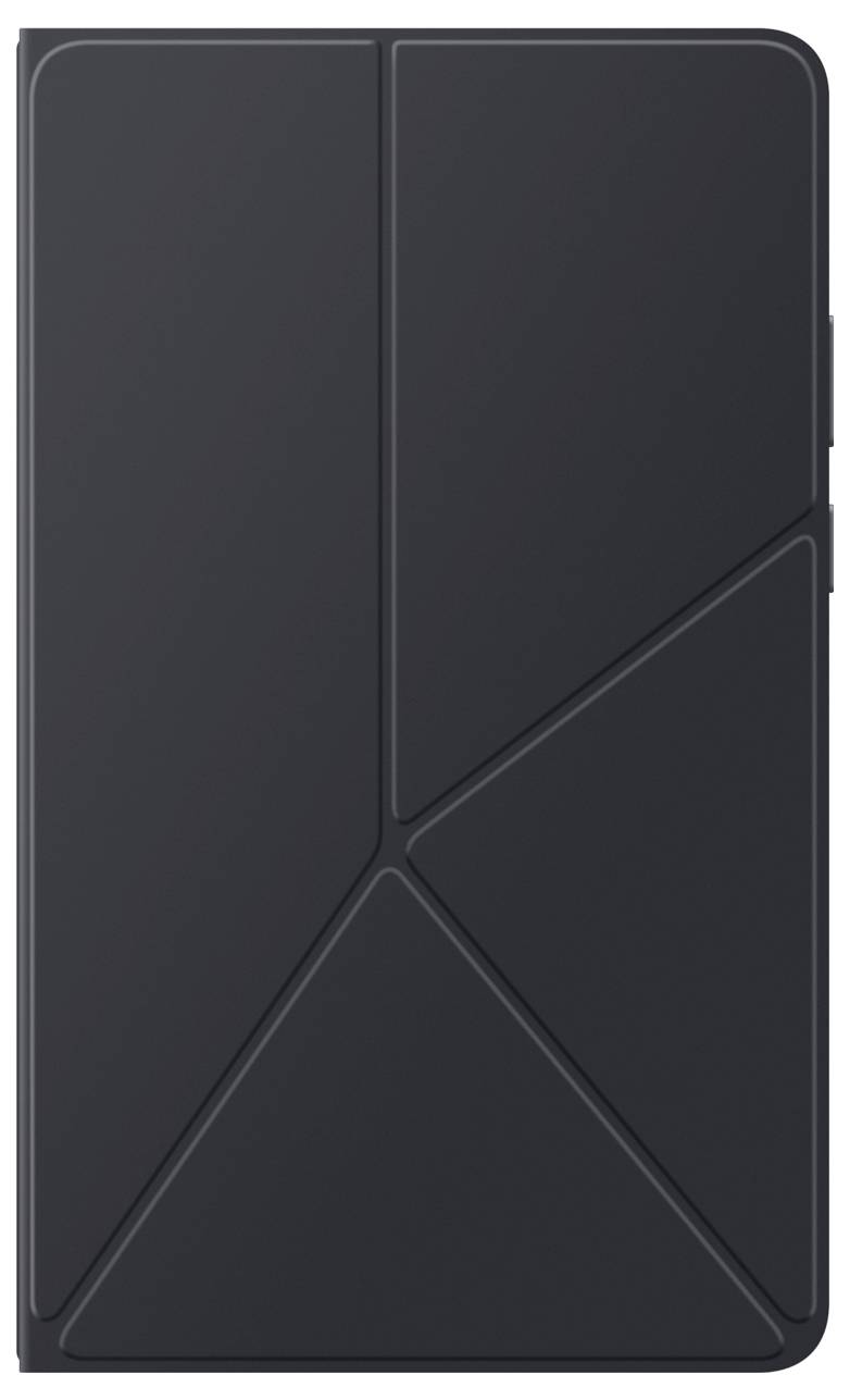 Elegantní černý obal na tablet s geometrickým designem složeným z diagonálních a vertikálních linií, vytvářejících výrazné trojúhelníkové sekce.