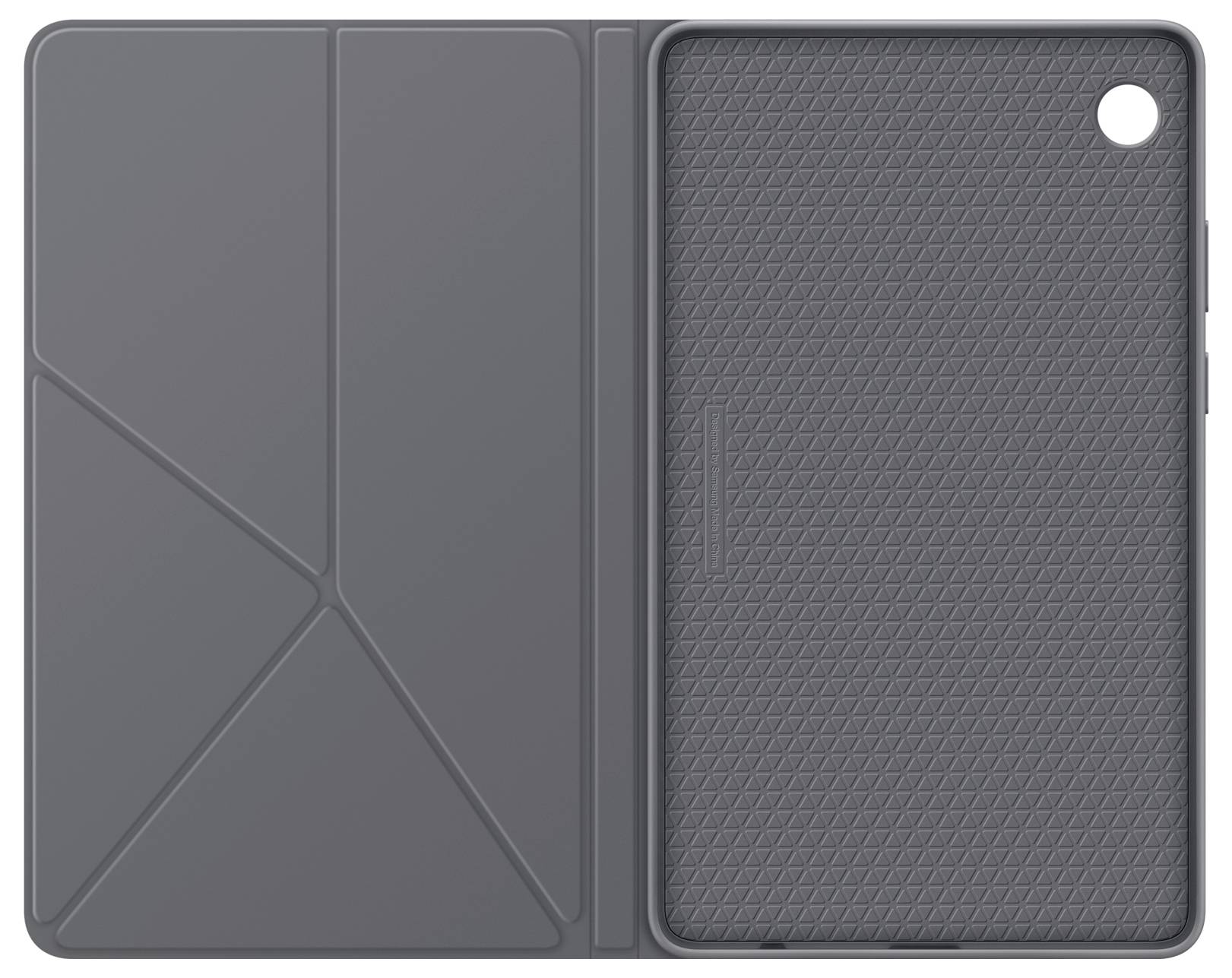 Otevřený šedý obal na tablet odhaluje vnitřní strukturovaný, trojúhelníkovitý vzor, který je navržen tak, aby tablet bezpečně držel.
