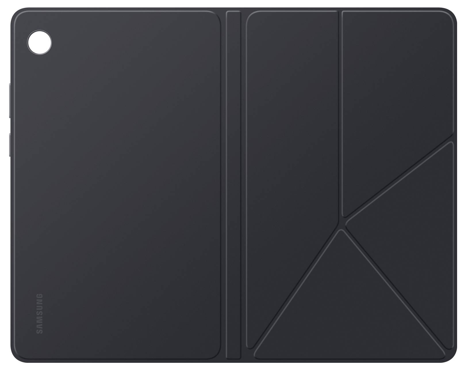 Černý obal na tablet Samsung s geometrickým skládacím designem, pohled zezadu.