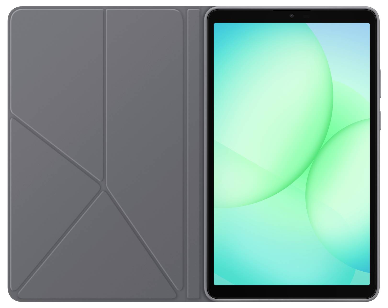 Elegantní tablet s tmavě šedým krytem otevřeným, zobrazující jasnou, abstraktní zelenomodrou obrazovku.
