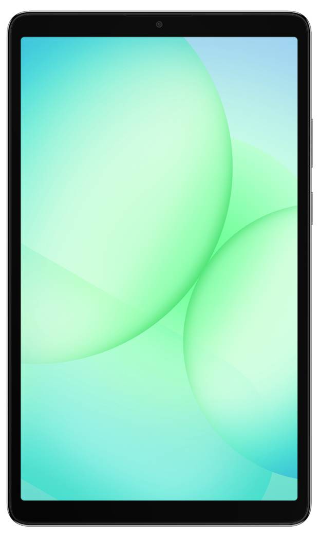 Tablet s živým zeleným abstraktním pozadím na obrazovce, zobrazující dvě velké překrývající se ovály.