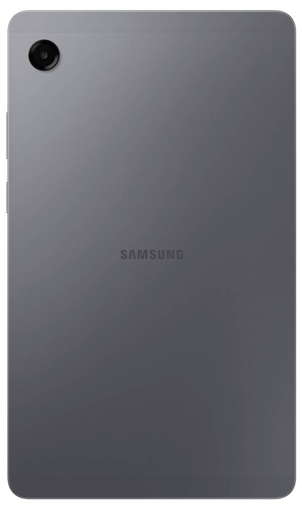 Elegantní šedý tablet, pohled zezadu, s jedním fotoaparátem v levém horním rohu a názvem značky 'Samsung' uprostřed.