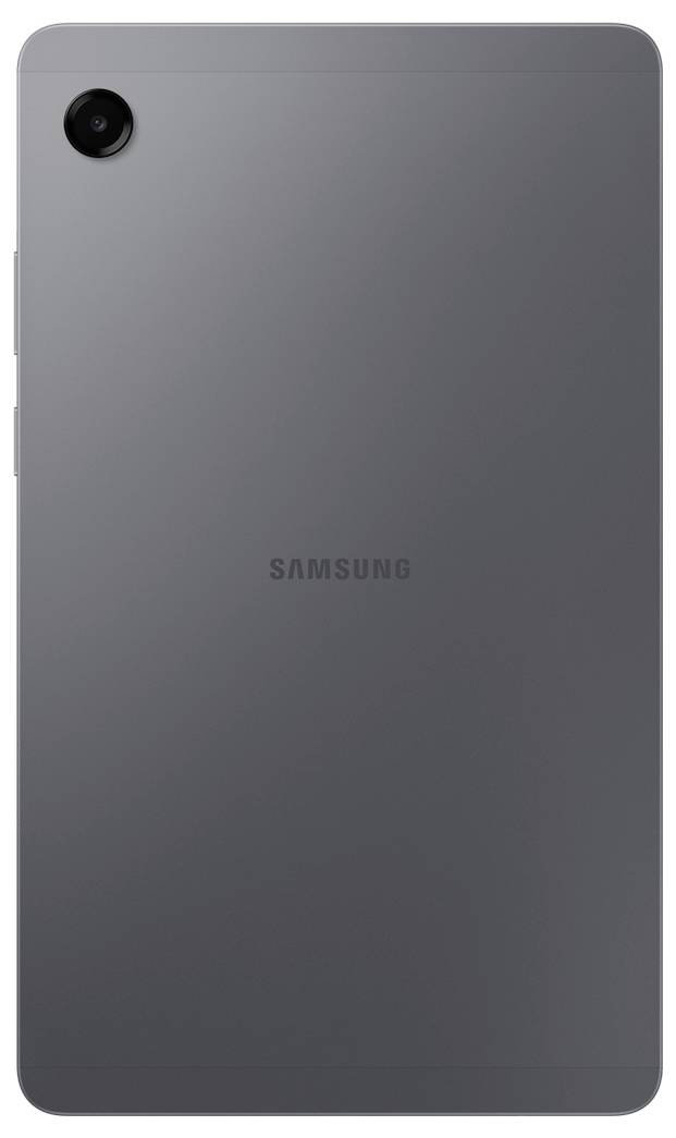 Štíhlý, tmavě šedý tablet pohled zezadu, s fotoaparátem v levém horním rohu a nápisem 'Samsung' uprostřed.