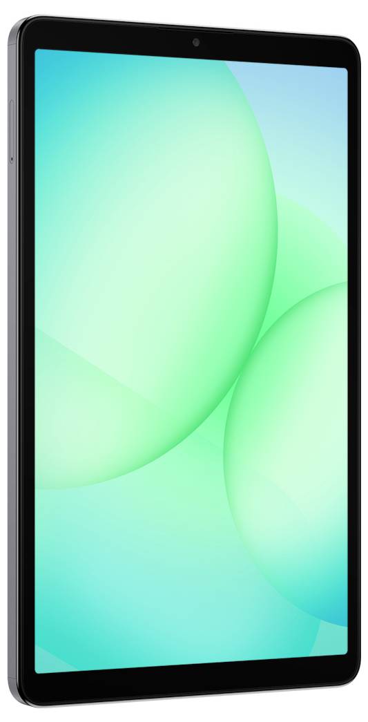 Štíhlý černý tablet s osvětleným zeleným abstraktním pozadím na obrazovce, který vykazuje moderní a minimalistický design.
