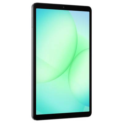 Štíhlý černý tablet s osvětleným zeleným abstraktním pozadím na obrazovce, který vykazuje moderní a minimalistický design.