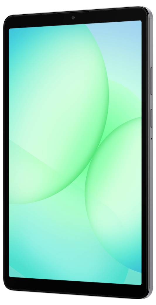 Elegantní, moderní tablet s černým okrajem a hladkým skleněným povrchem, zobrazující zářící abstraktní zelené pozadí.